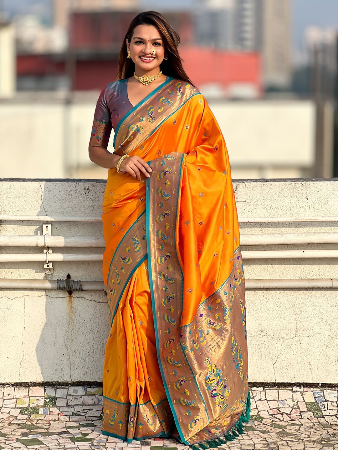 

Mitera Woven Design Zari Paithani Saree, Orange