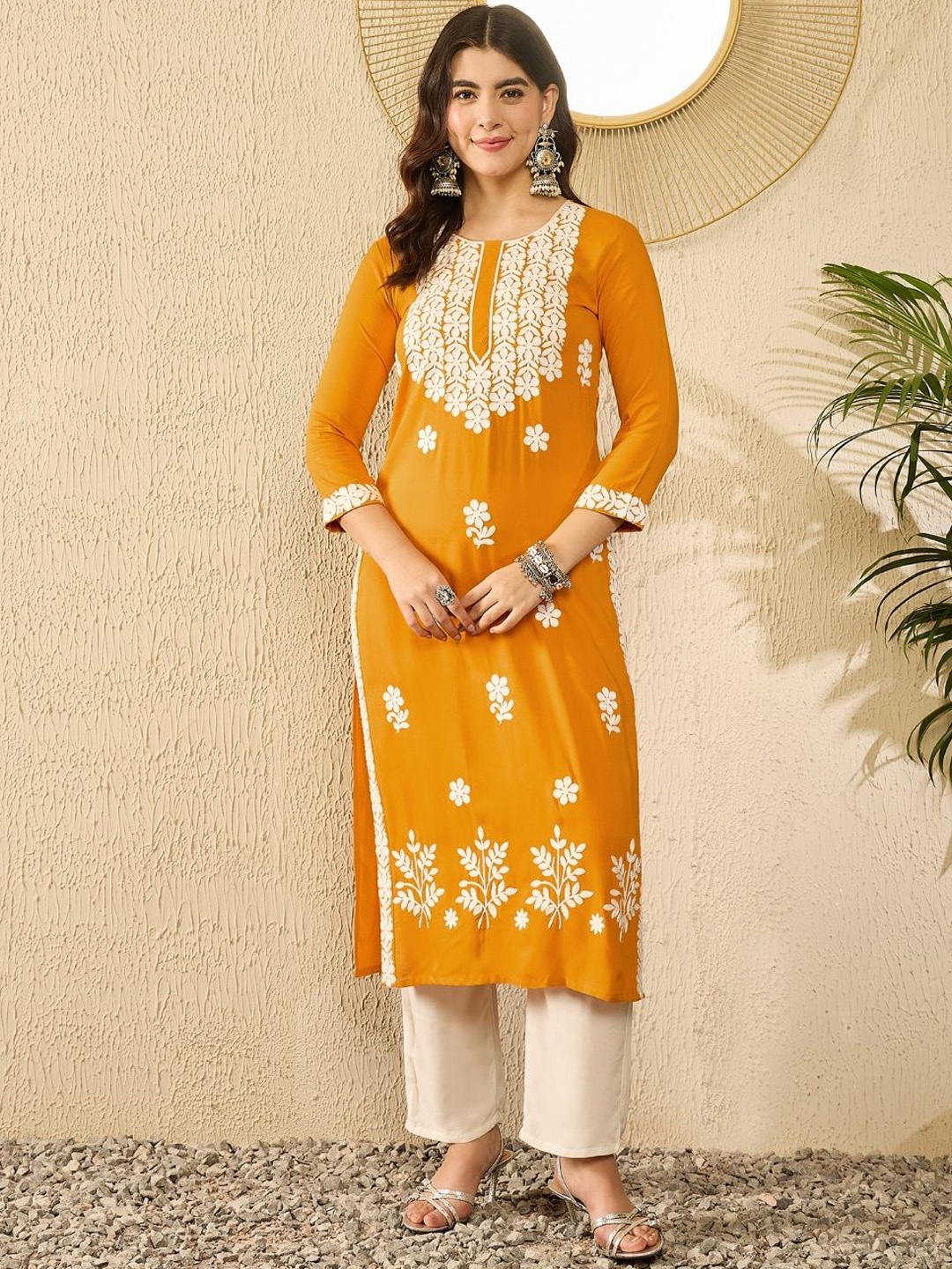 

KALINI Floral Embroidered Round Neck Thread Work Straight Kurta, Yellow