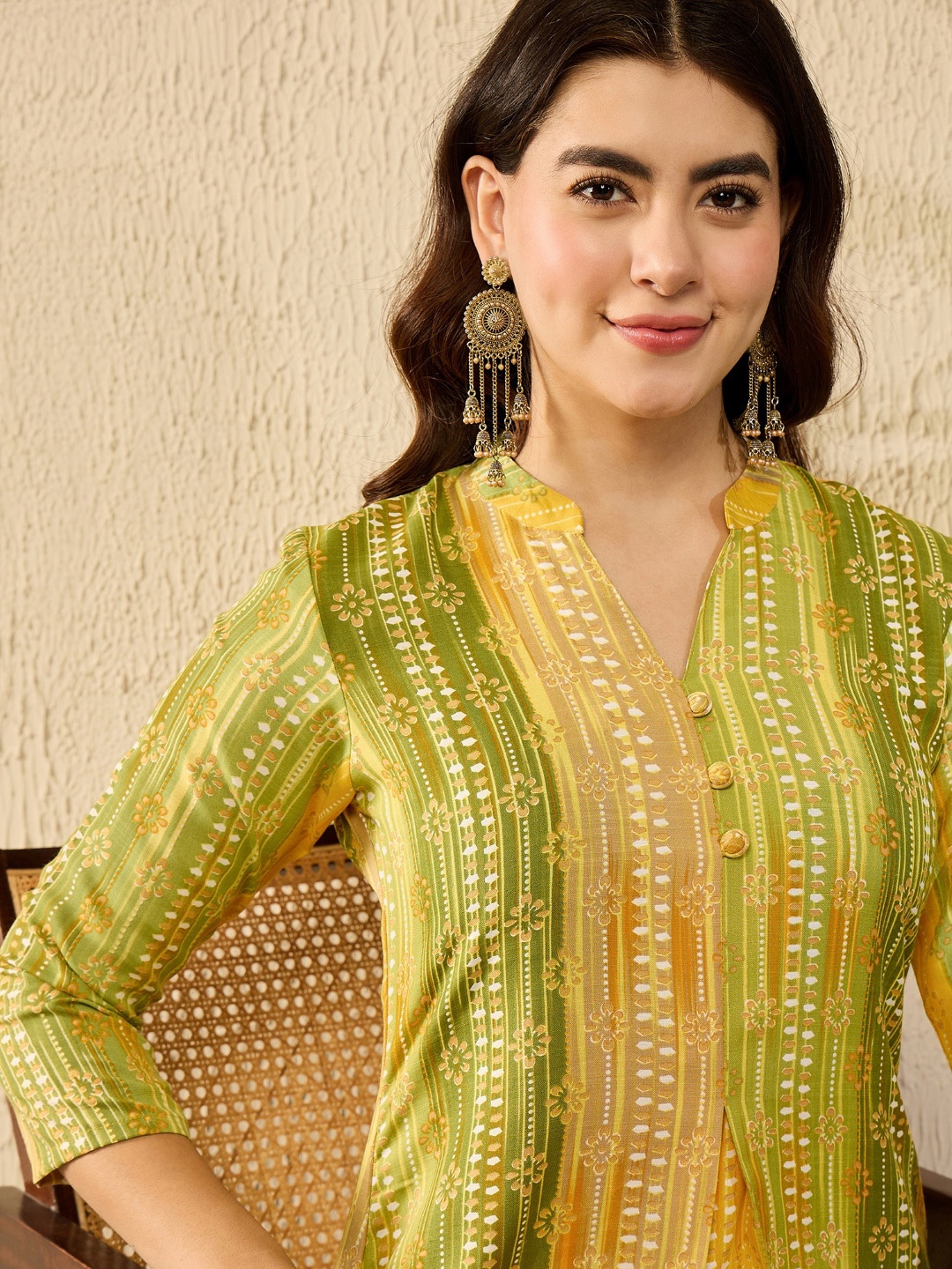 

KALINI Floral Print Mandarin Collar A-Line Top, Green