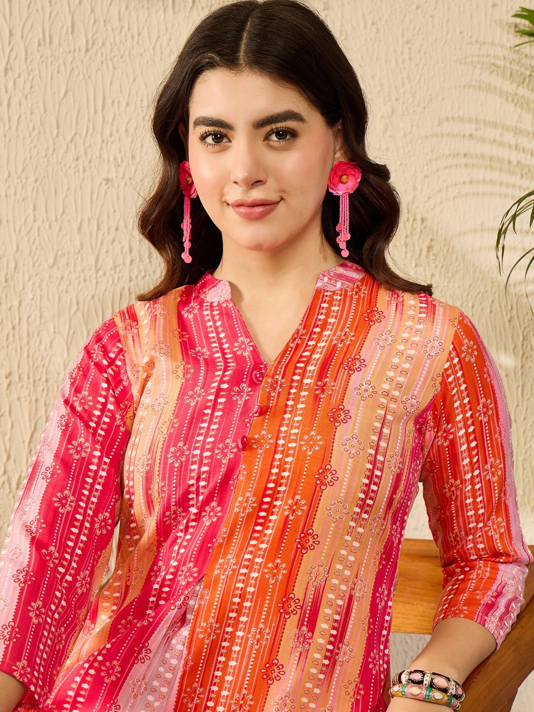 

AHIKA Women Floral Print Mandarin Collar Top, Orange