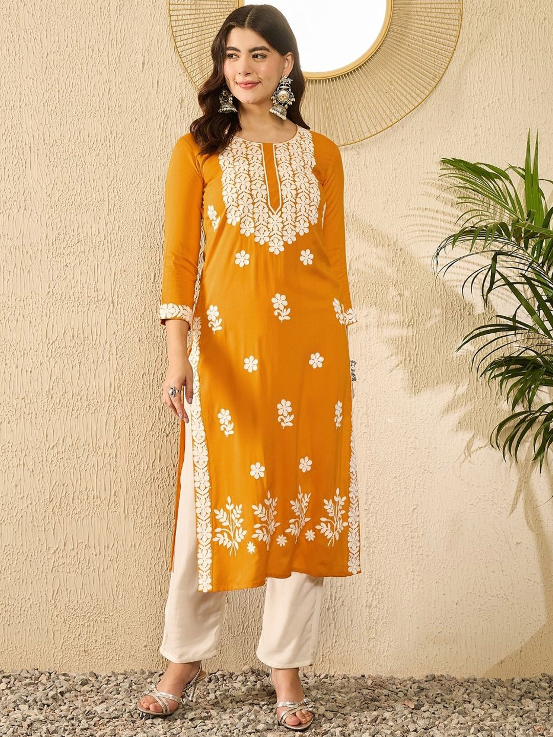 

AHIKA Floral Embroidered Round Neck Thread Work Straight Kurta, Yellow