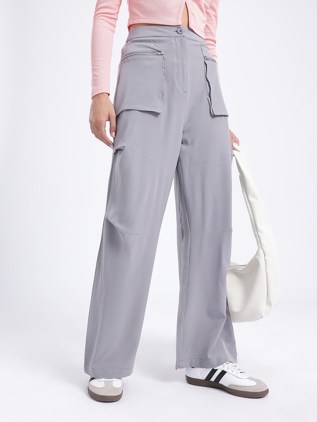

glitchez Women Functional Fits Pleated Wide Leg Trousers, Grey