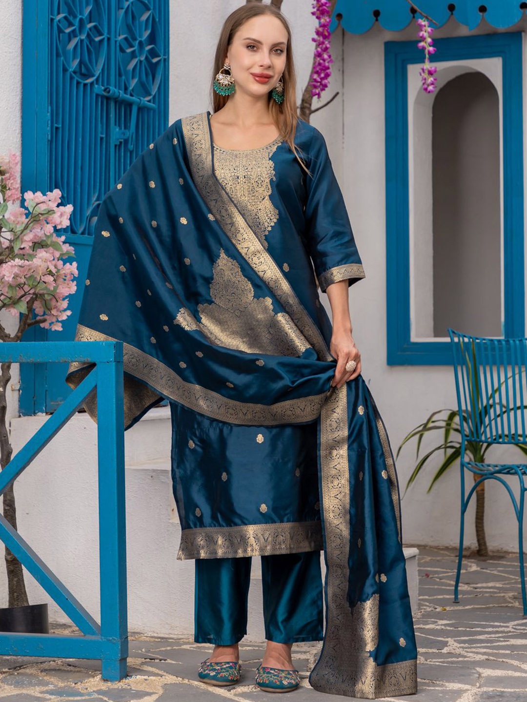 

Twika Ethnic Motifs Woven Design Round Neck Regular Straight Kurta With Trouser & Dupatta, Teal