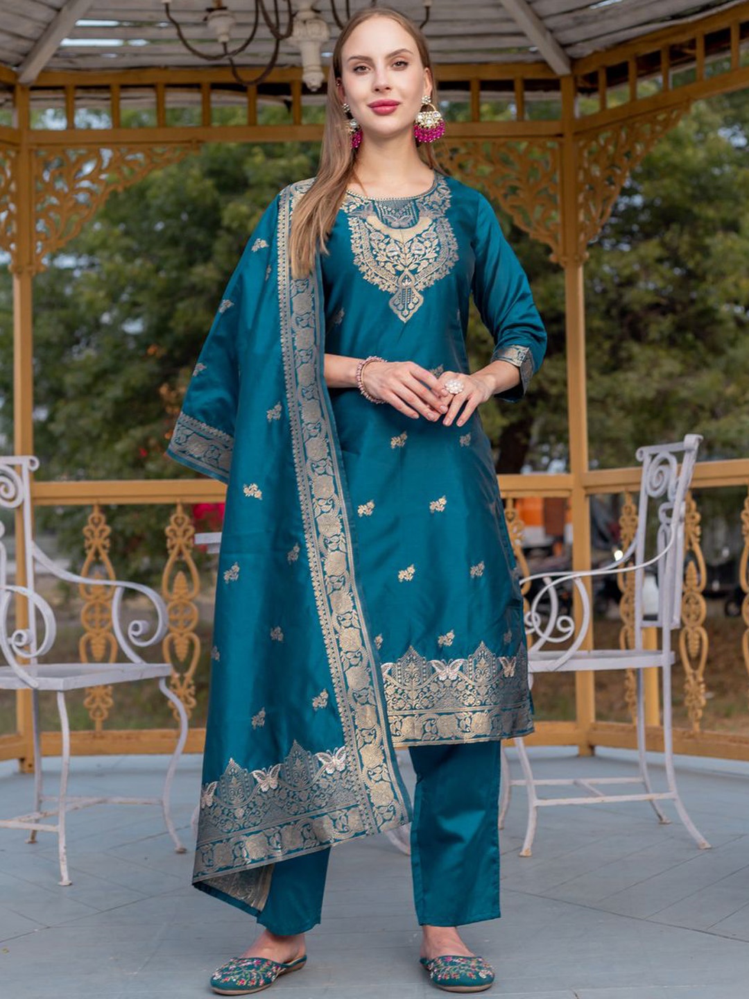 

Twika Ethnic Motifs Woven Design Straight Kurta With Trouser And Dupatta, Teal