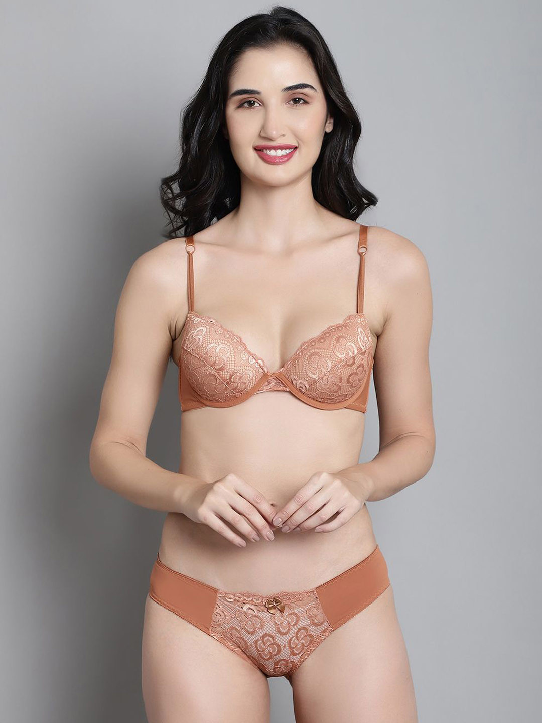 

MAKCLAN Self Design Lightly Padded Plunging Lace Lingerie Set, Brown