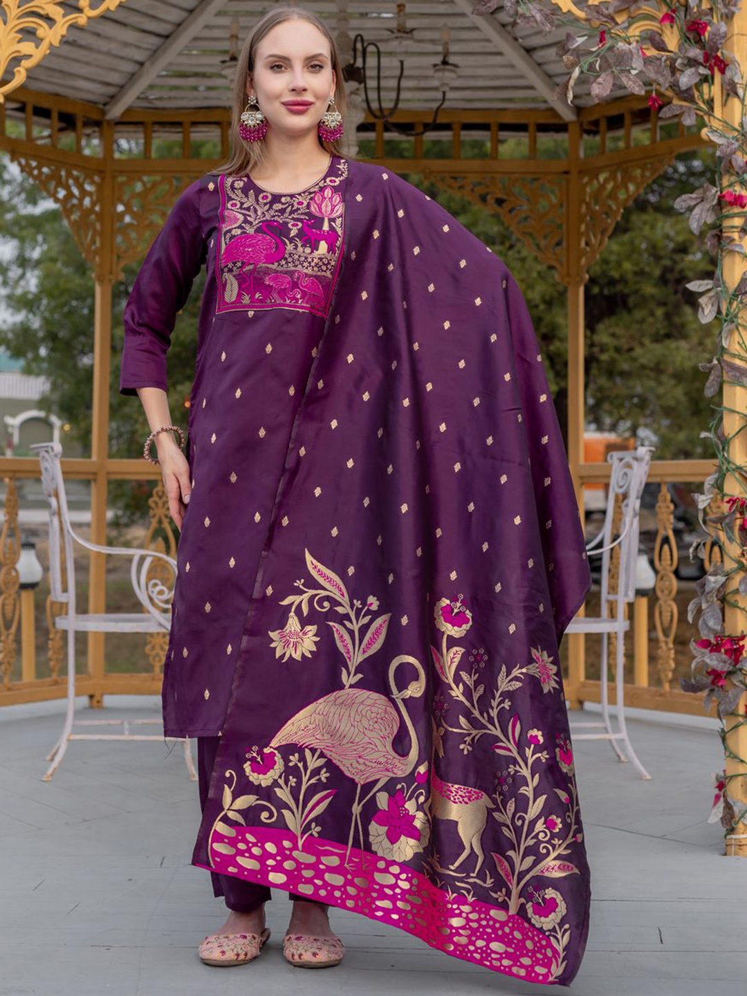

Twika Woven Design Jacquard Weave Straight Kurta With Trousers And Dupatta, Purple