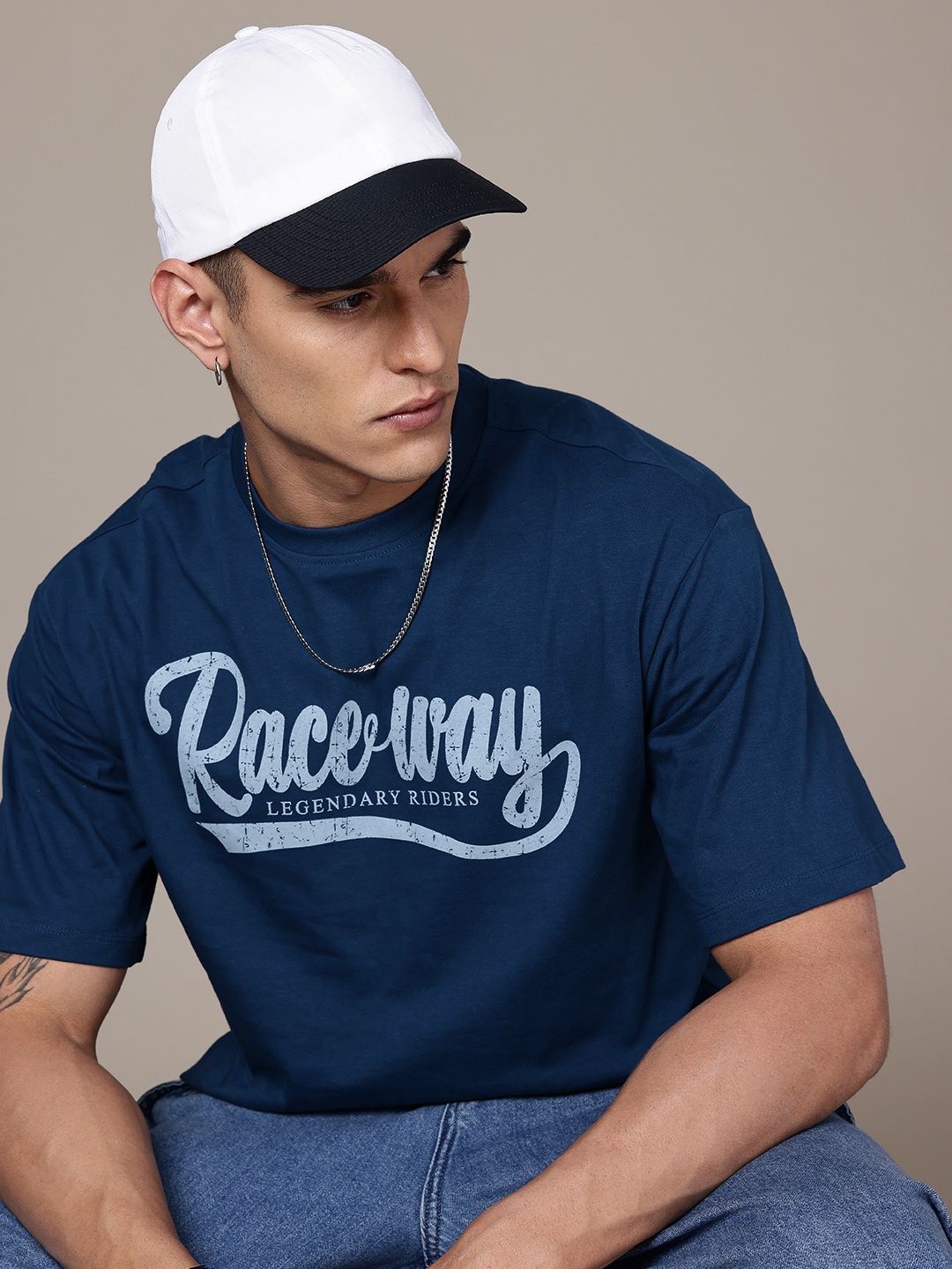 

The Roadster Life Co. Pure Cotton Typography Printed Relaxed Fit T-shirt, Blue