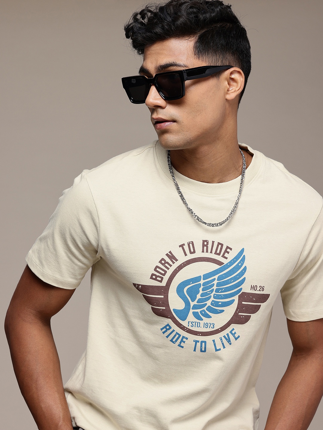 

The Roadster Life Co. Pure Cotton Graphic Printed T-shirt, Beige