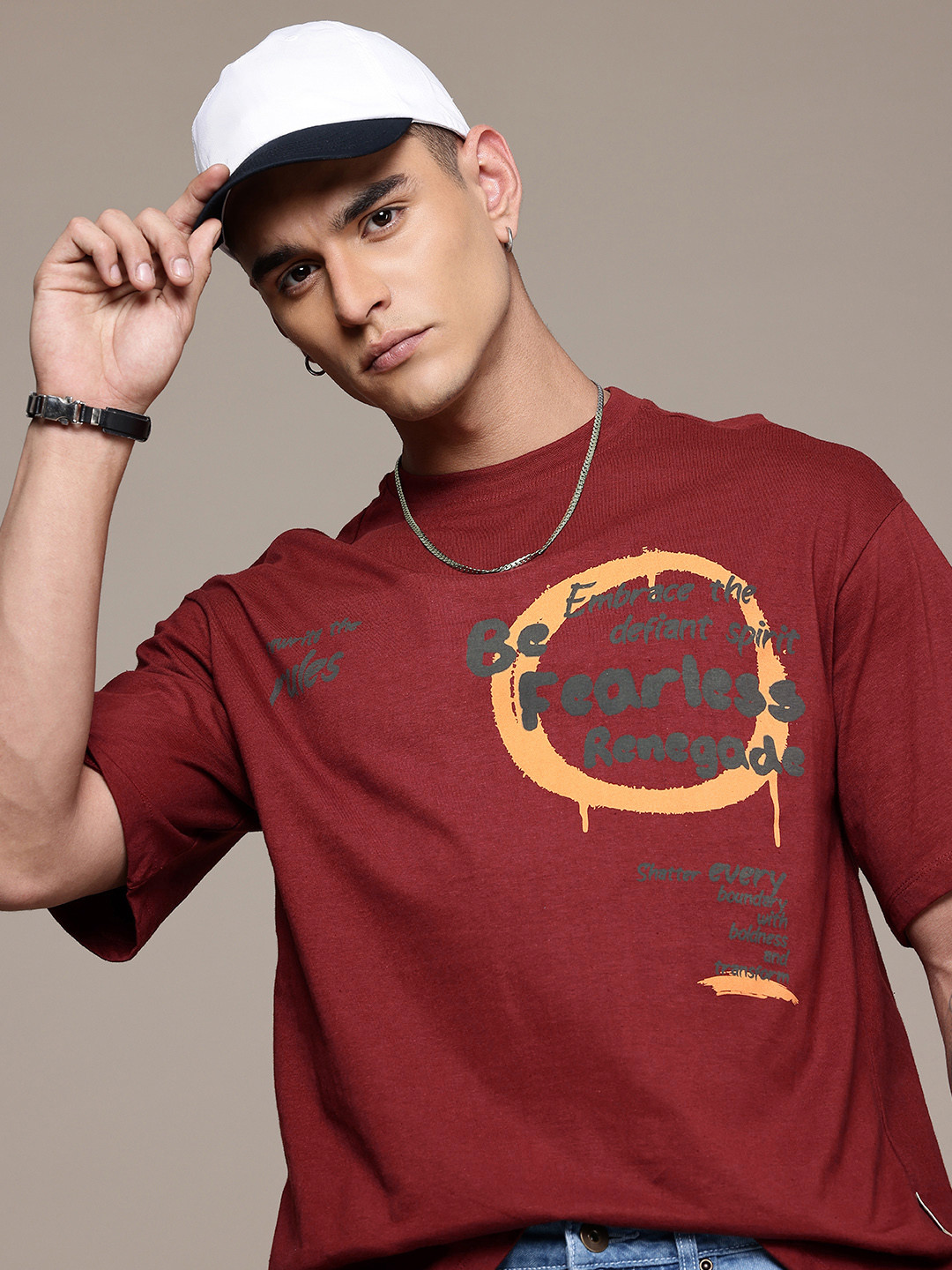 

The Roadster Life Co. Pure Cotton Typography Printed Relaxed Fit T-shirt, Maroon