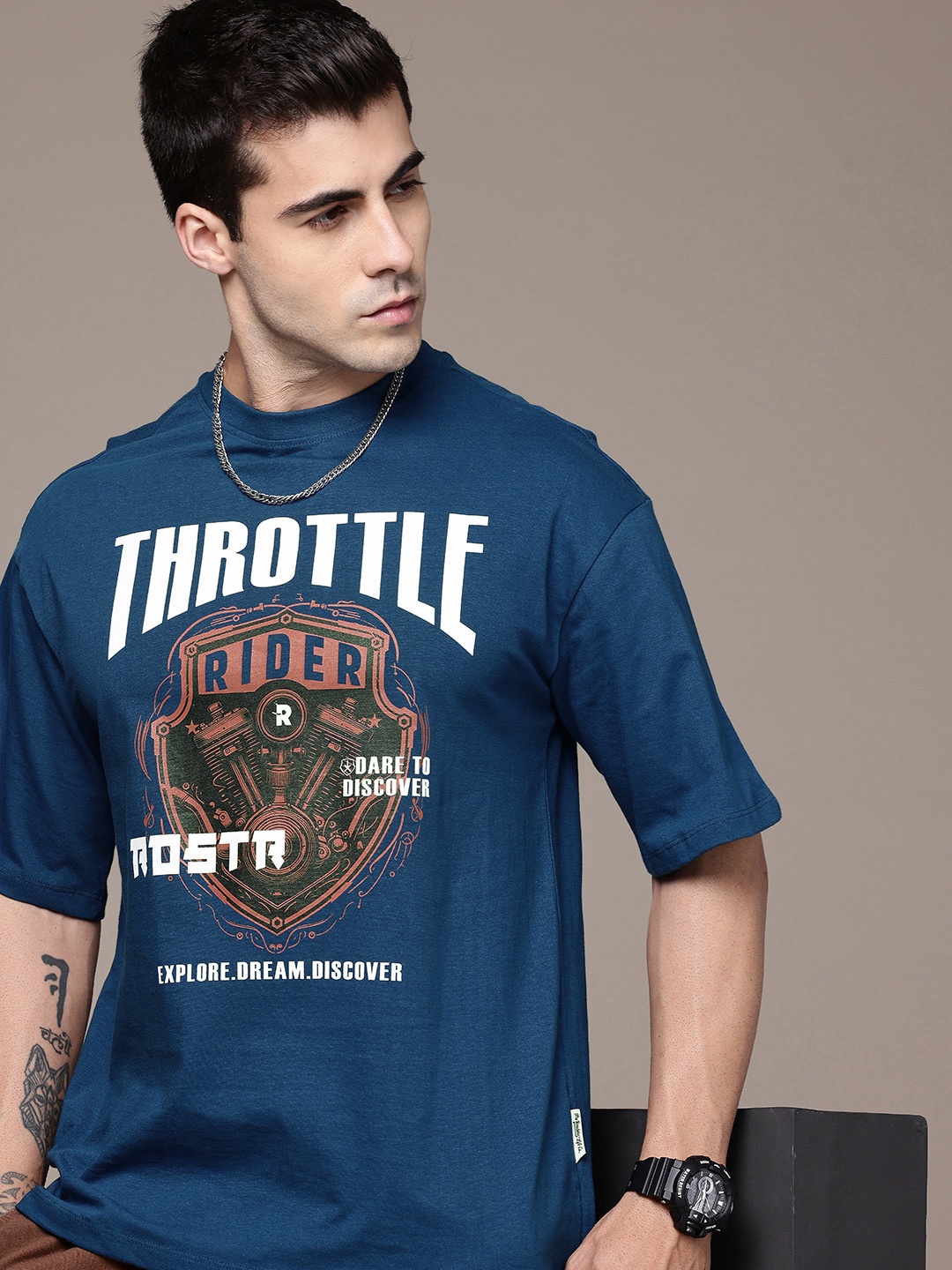 

The Roadster Life Co. Relaxed Fit Graphic Printed Pure Cotton T-shirt, Blue