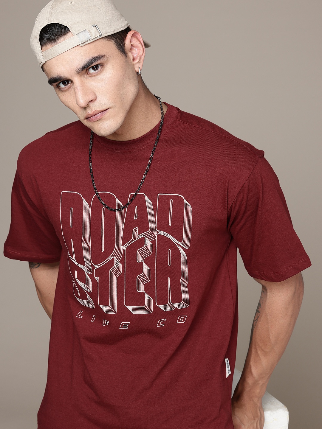 

The Roadster Life Co. Pure Cotton Typography Printed Relaxed Fit T-shirt, Maroon