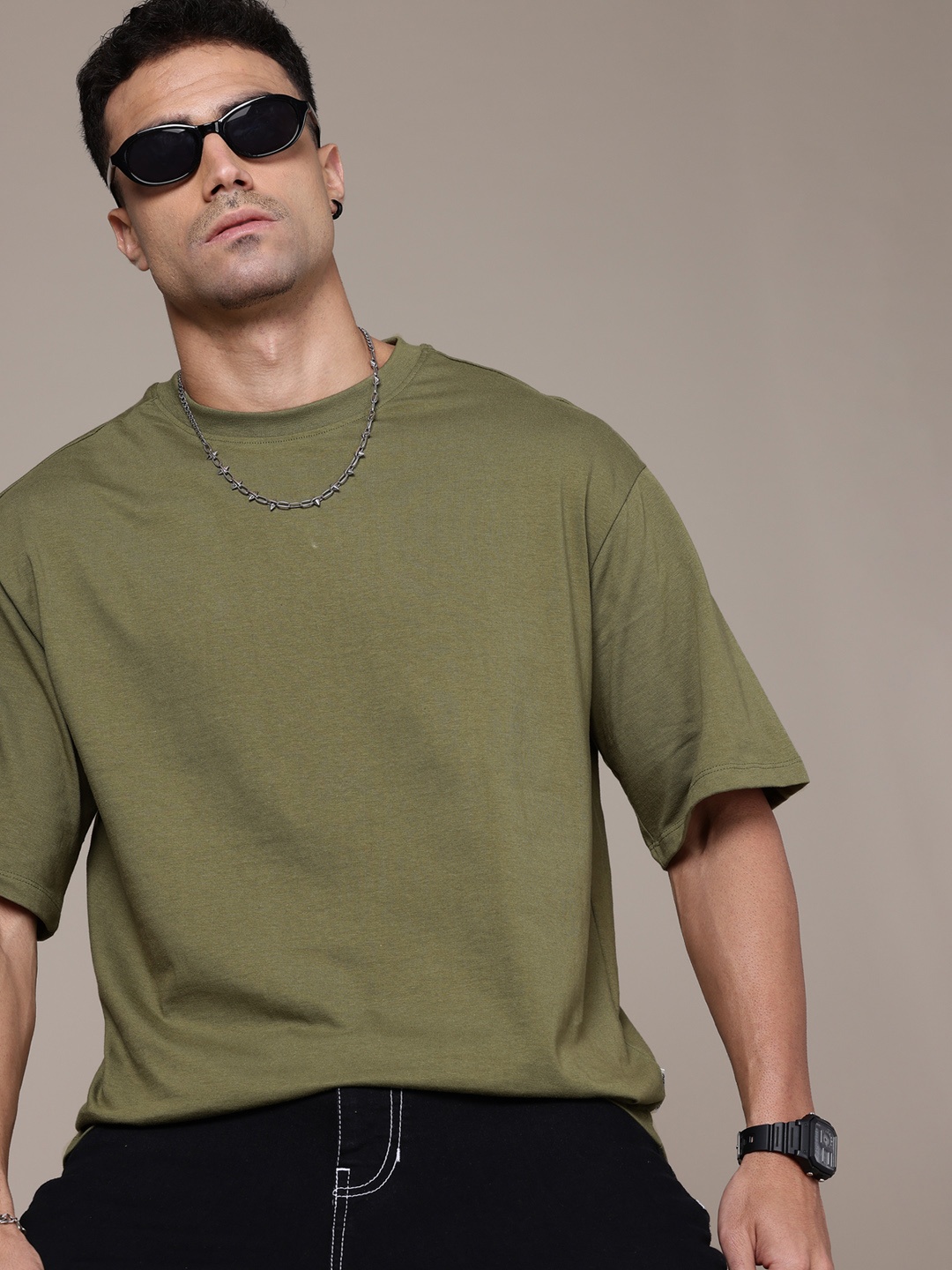

The Roadster Life Co. Drop-Shoulder Sleeves Pure Cotton T-shirt, Olive
