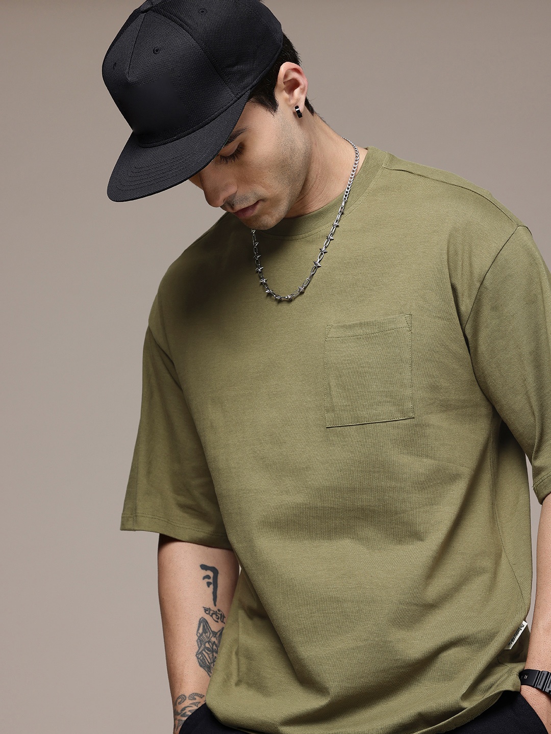 

The Roadster Life Co. Drop-Shoulder Sleeves Relaxed Fit Pure Cotton T-shirt, Olive