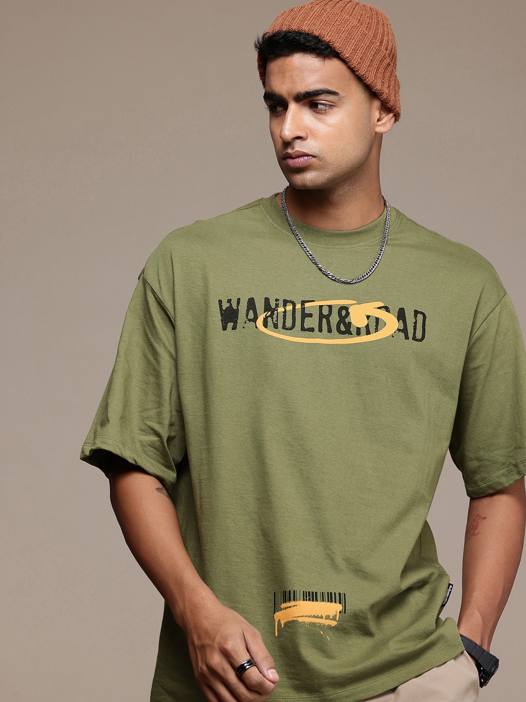 

The Roadster Lifestyle Co. Typography Printed Pure Cotton Relaxed Fit T-shirt, Olive