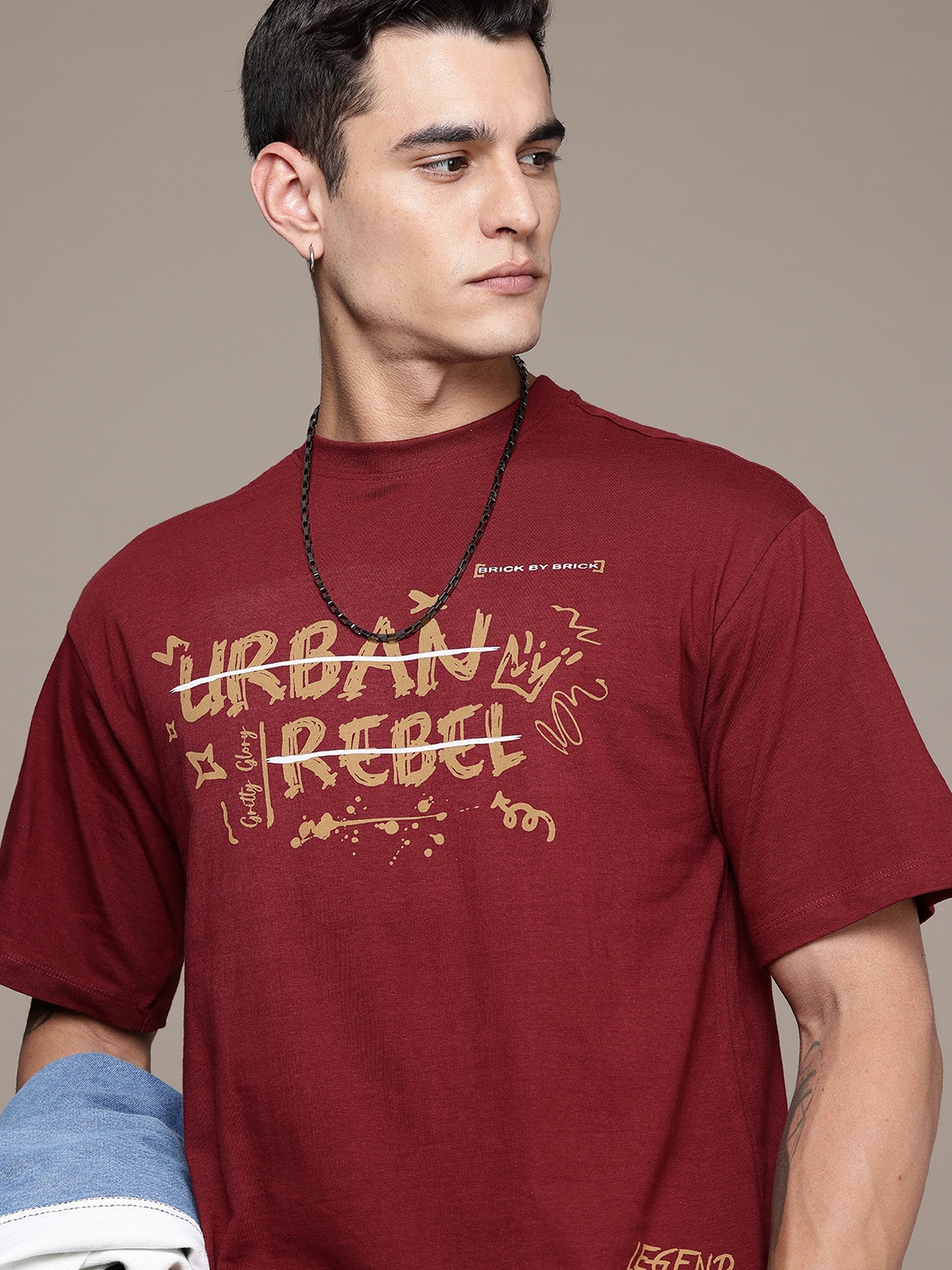 

The Roadster Life Co. Typography Printed Relaxed Fit Pure Cotton T-shirt, Maroon