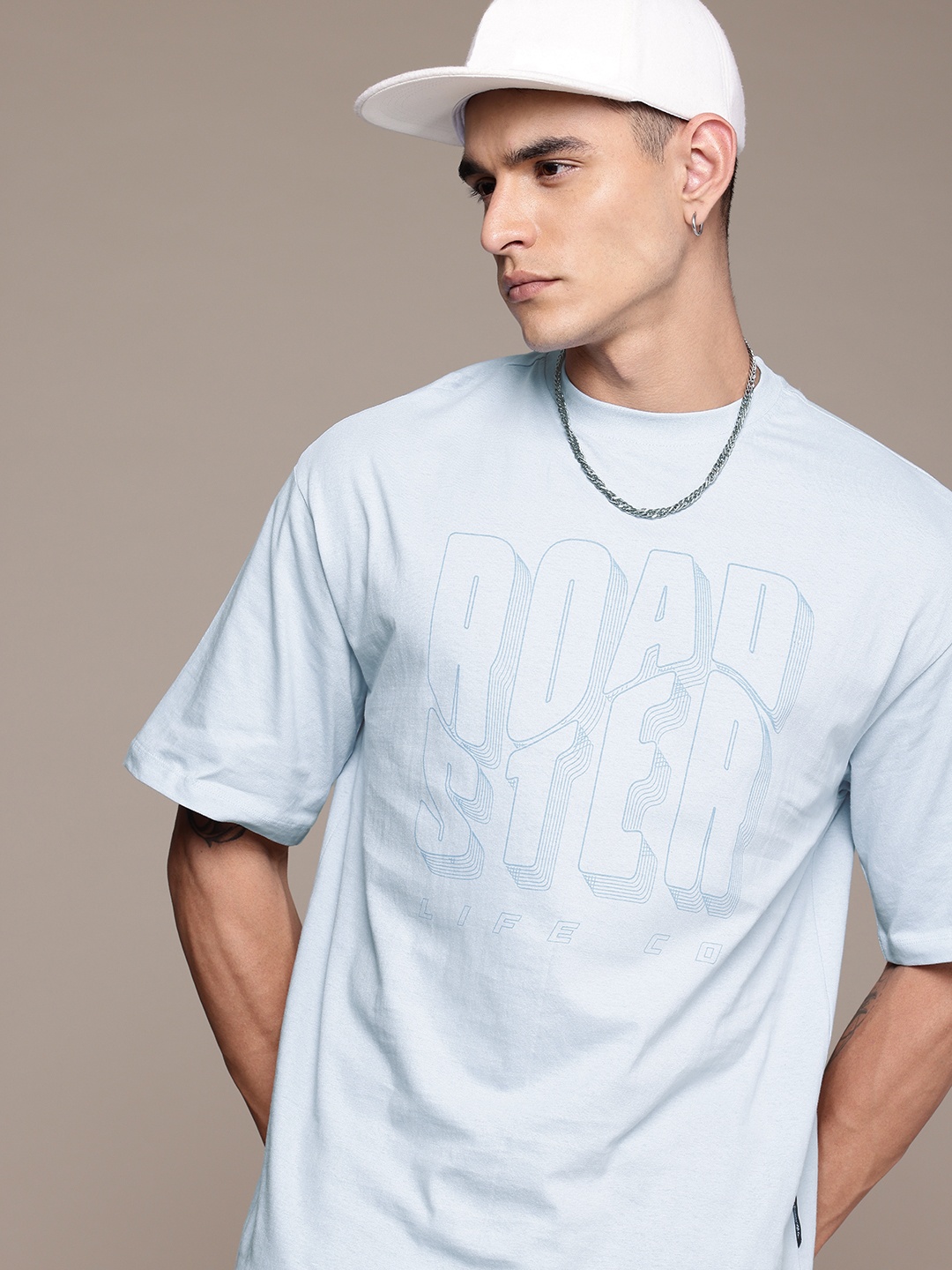 

The Roadster Life Co. Typography Printed Drop-Shoulder Sleeves Pure Cotton T-shirt, Blue