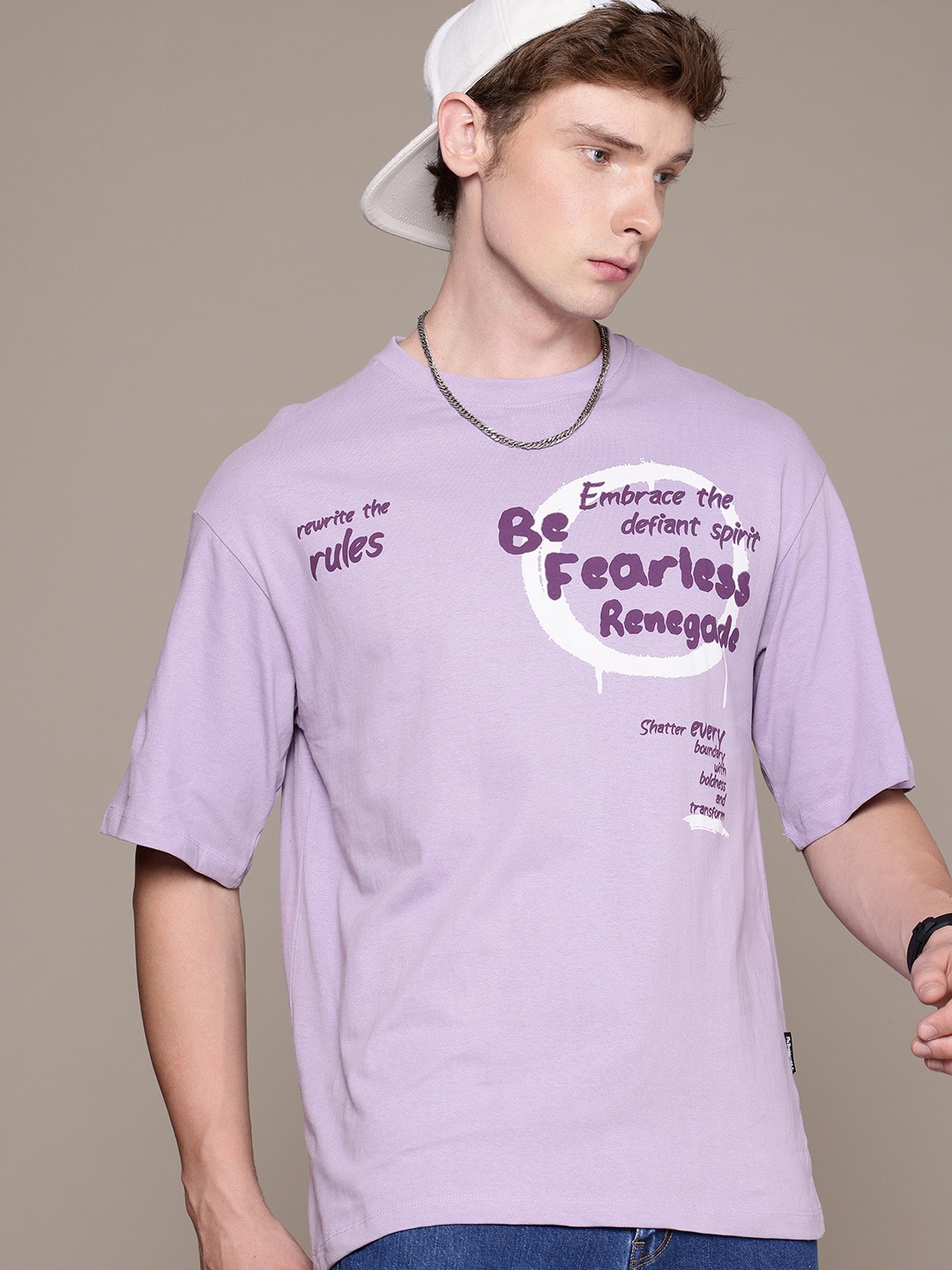

The Roadster Life Co. Pure Cotton Typography Printed Drop-Shoulder Sleeves Relaxed T-shirt, Lavender