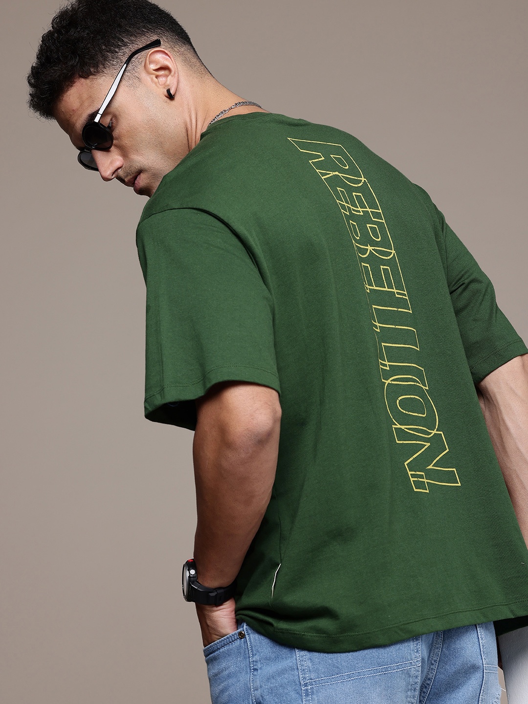 

The Roadster Life Co. Typography Printed Drop-Shoulder Sleeves Pure Cotton Relaxed T-shirt, Green