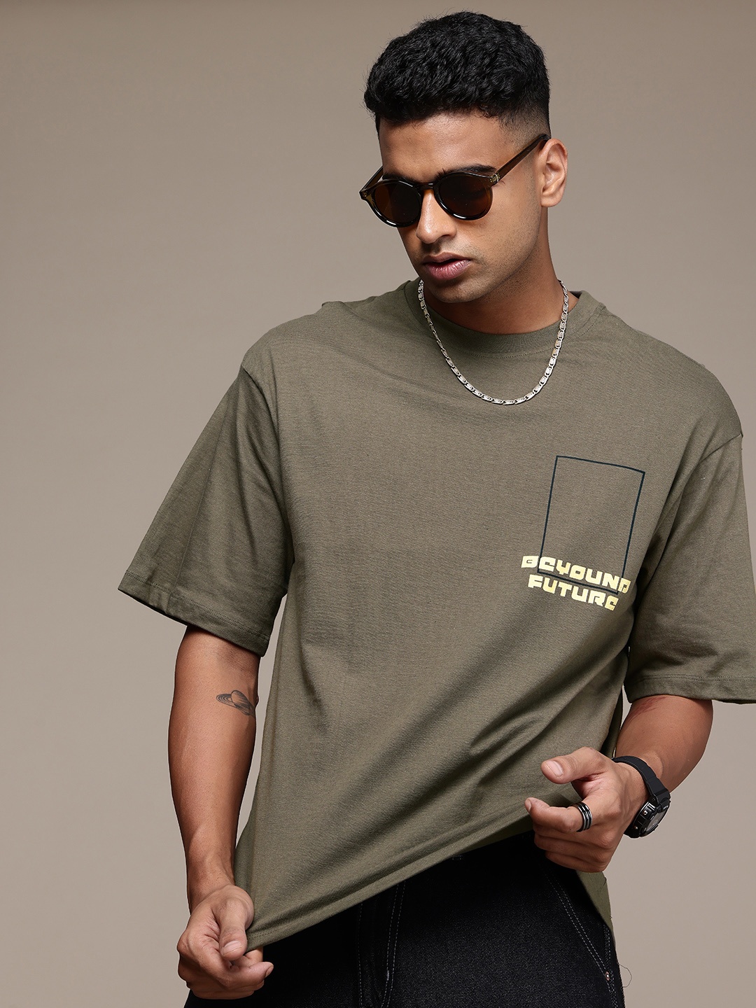 

The Roadster Life Co. Drop-Shoulder Sleeves Pure Cotton Relaxed T-shirt, Olive