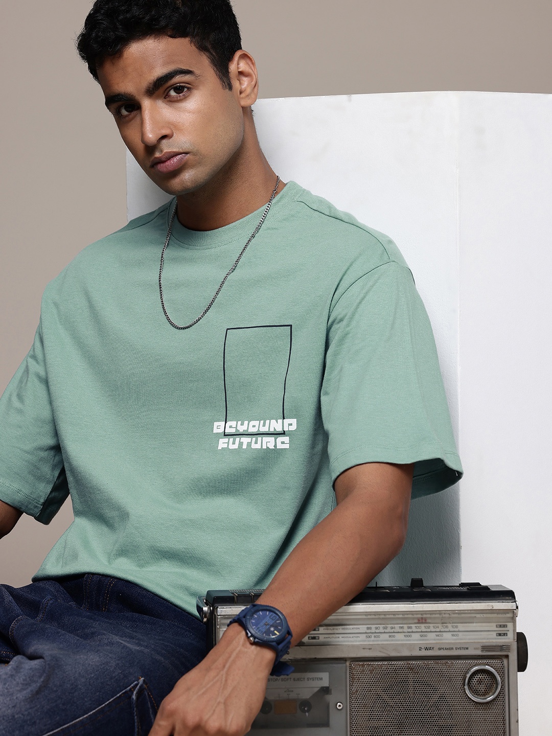 

The Roadster Life Co. Pure Cotton Drop-Shoulder Sleeves Relaxed T-shirt, Green