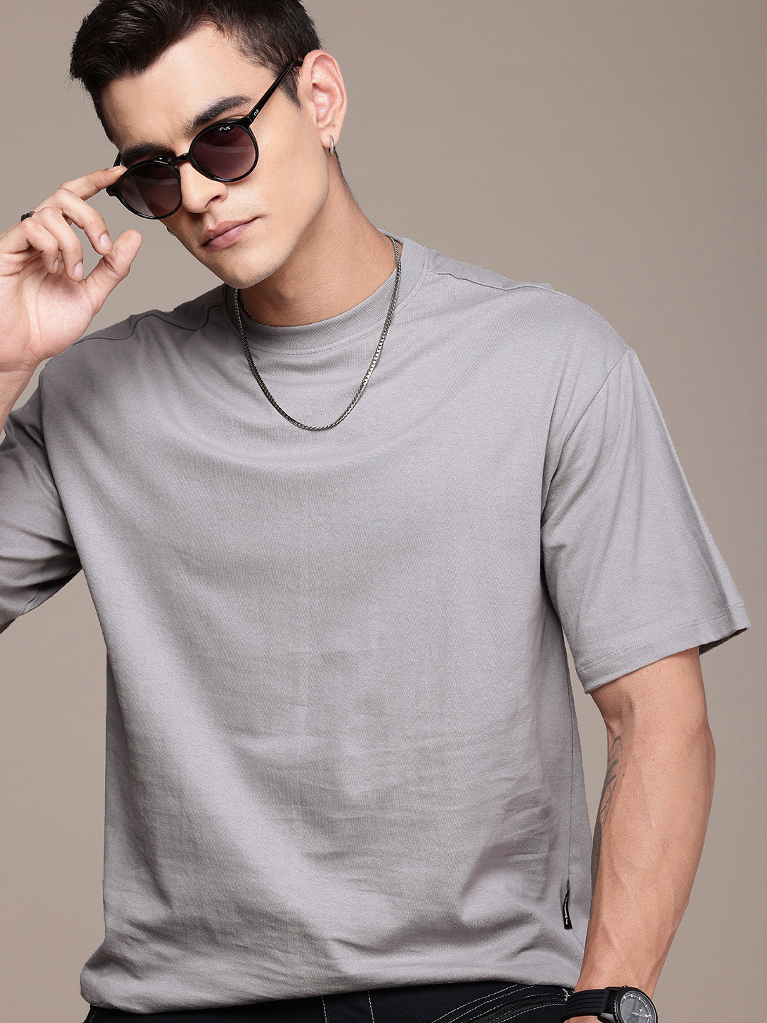 

The Roadster Life Co. Drop-Shoulder Sleeves Relaxed Fit Pure Cotton T-shirt, Grey
