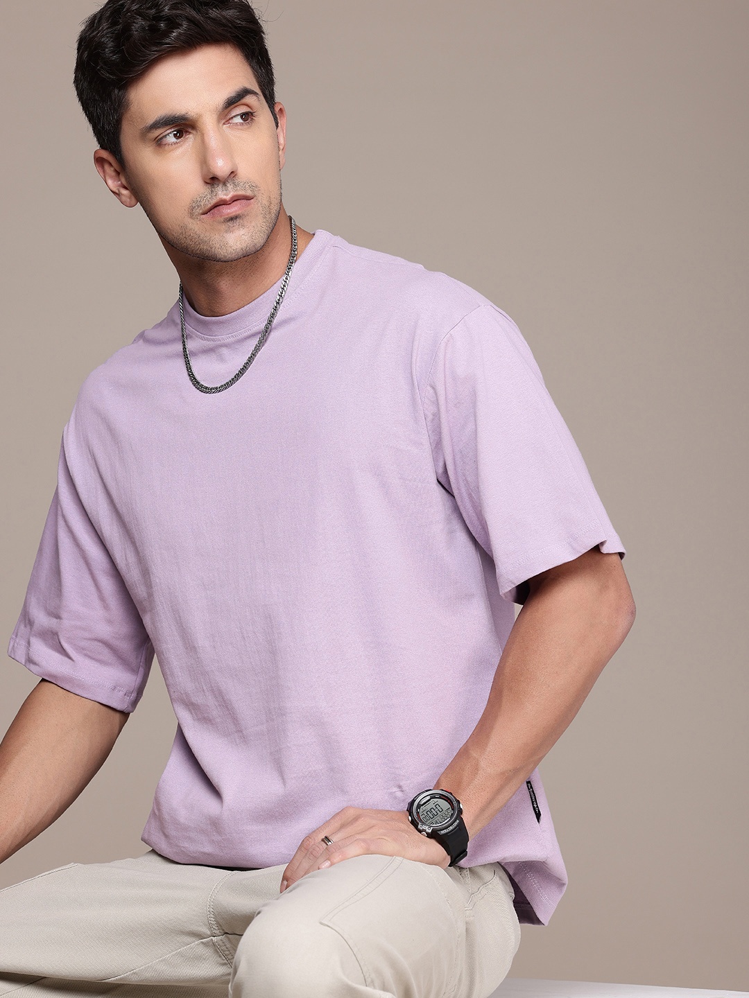 

The Roadster Life Co. Drop-Shoulder Sleeves Pure Cotton Relaxed Fit T-shirt, Lavender