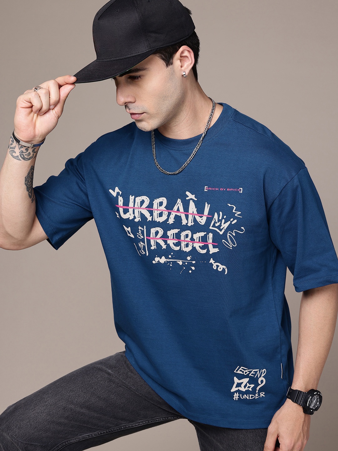 

The Roadster Life Co. Pure Cotton Typography Printed Relaxed Fit T-shirt, Blue