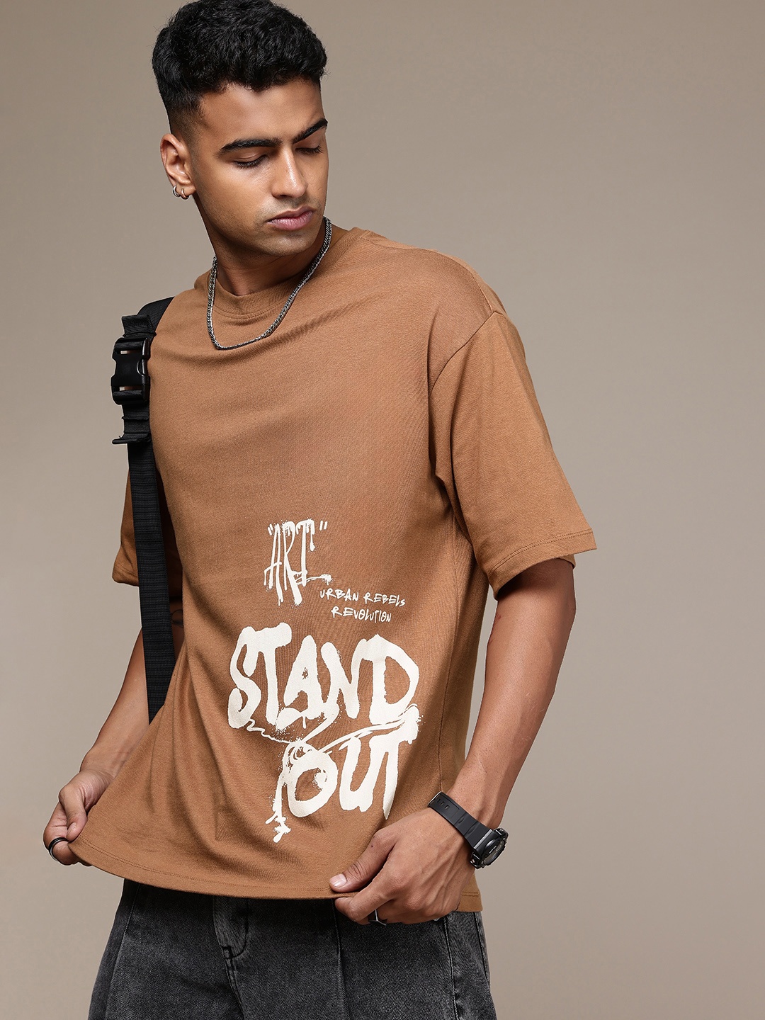 

The Roadster Lifestyle Co. Typography Printed Pure Cotton Relaxed Fit T-shirt, Brown
