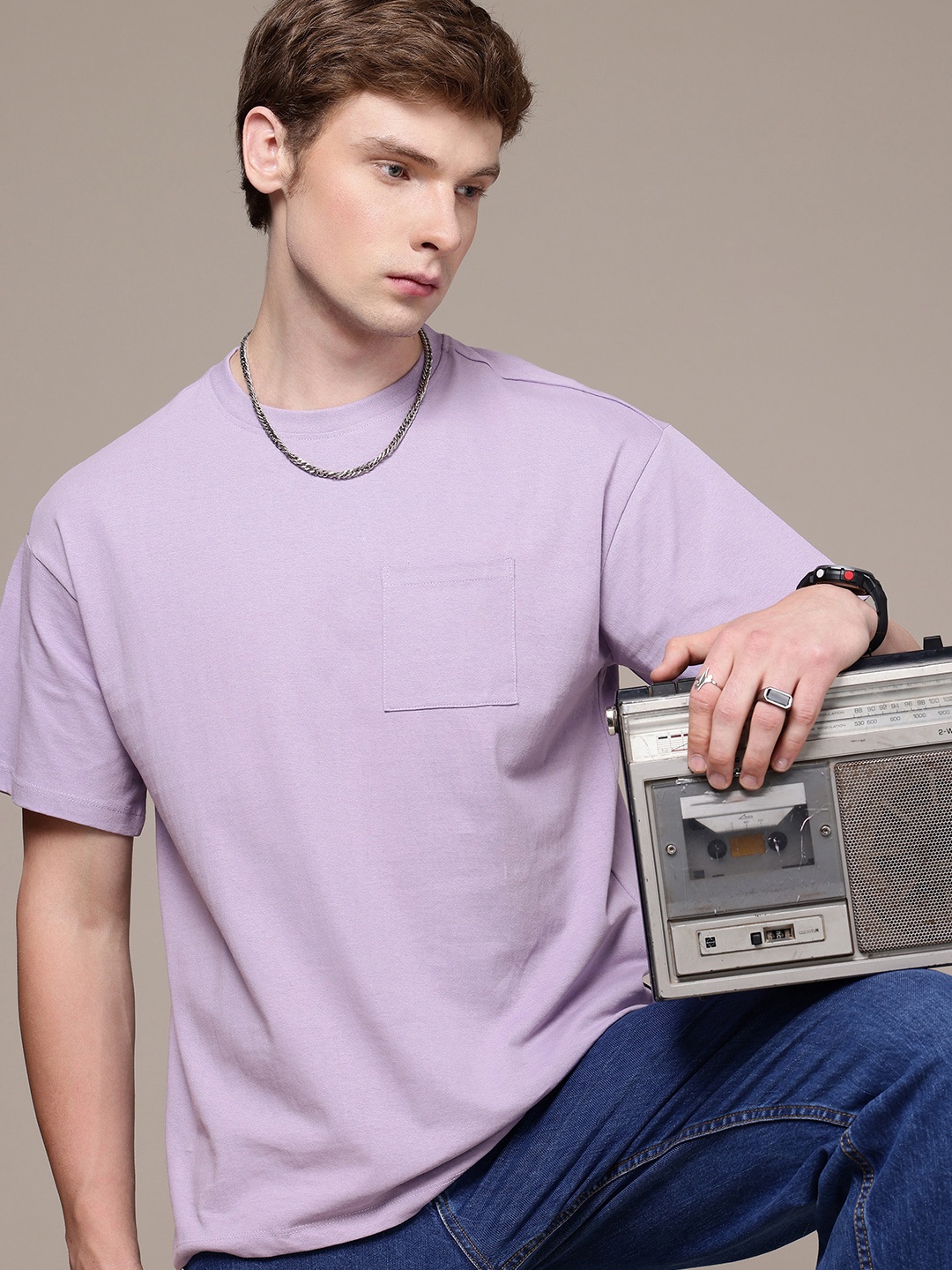 

The Roadster Life Co. Pure Cotton Pockets Drop-Shoulder Sleeves Relaxed Fit T-shirt, Lavender