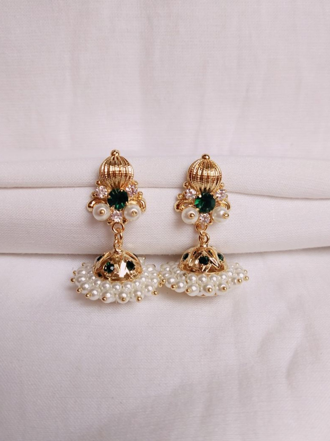 

kurdekars divuu Gold-Plated Artificial Stones Studded And Beaded Dome Shaped Jhumkas