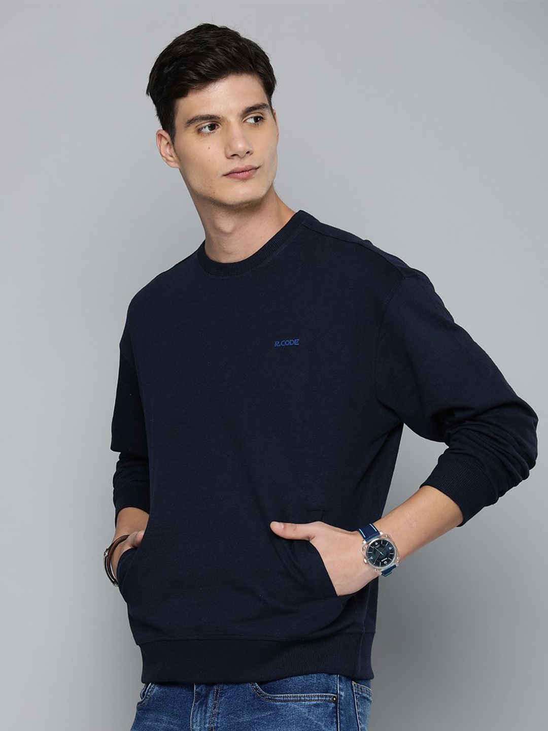 

R.Code by The Roadster Life Co. Men Oversized Cut Pocket Sweatshirt, Navy blue