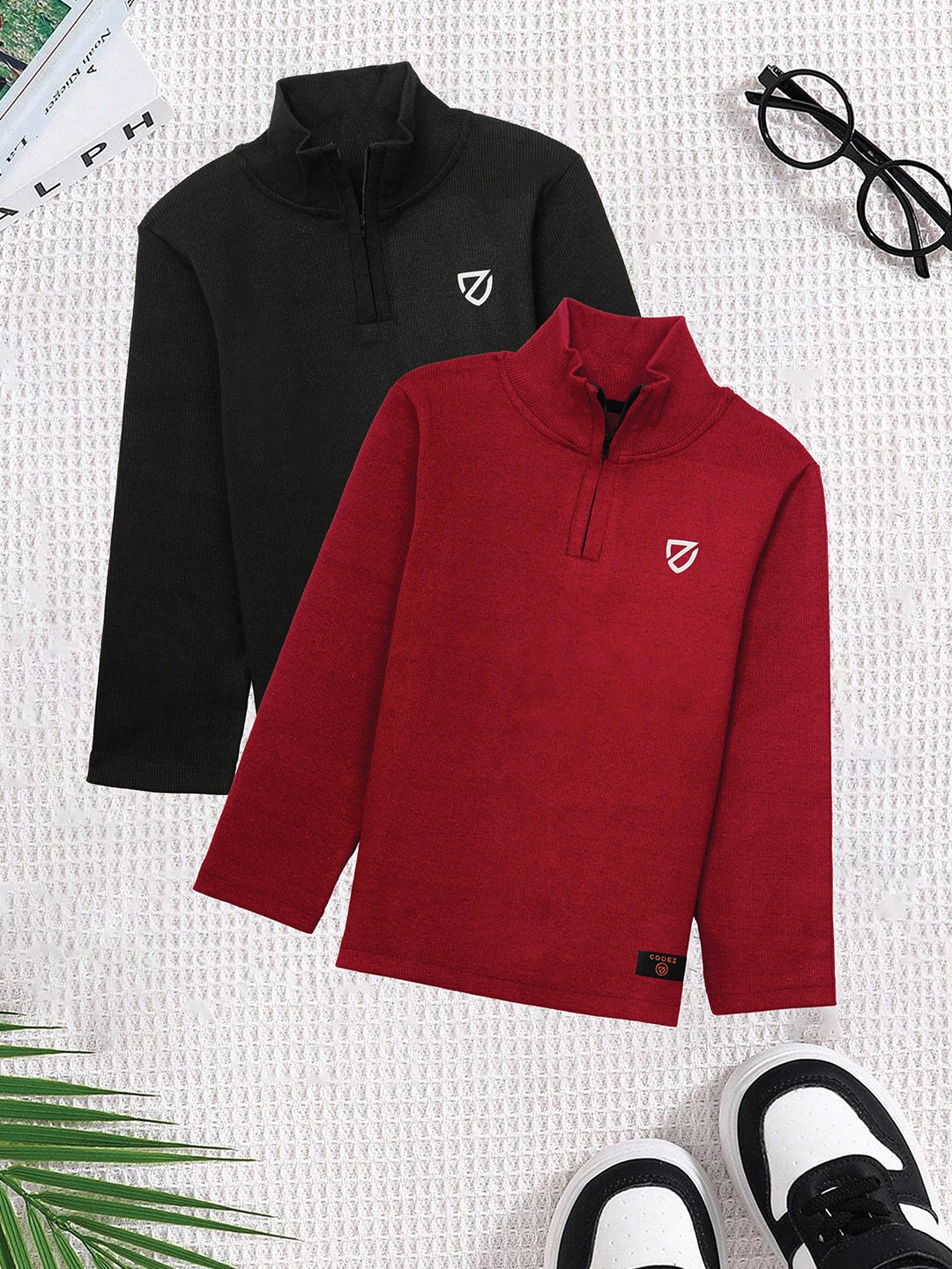 

CODEZ Boys Pack of 2 Mock Collar Half Zipper Sweatshirt, Red