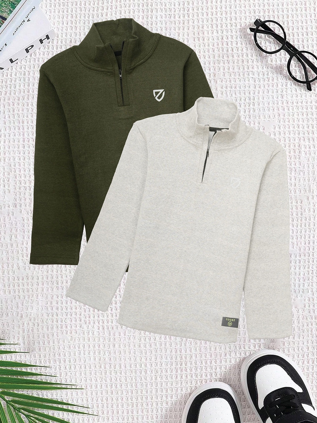

CODEZ Boys Pack of 2 Half Zipper High Neck Sweatshirt, Green