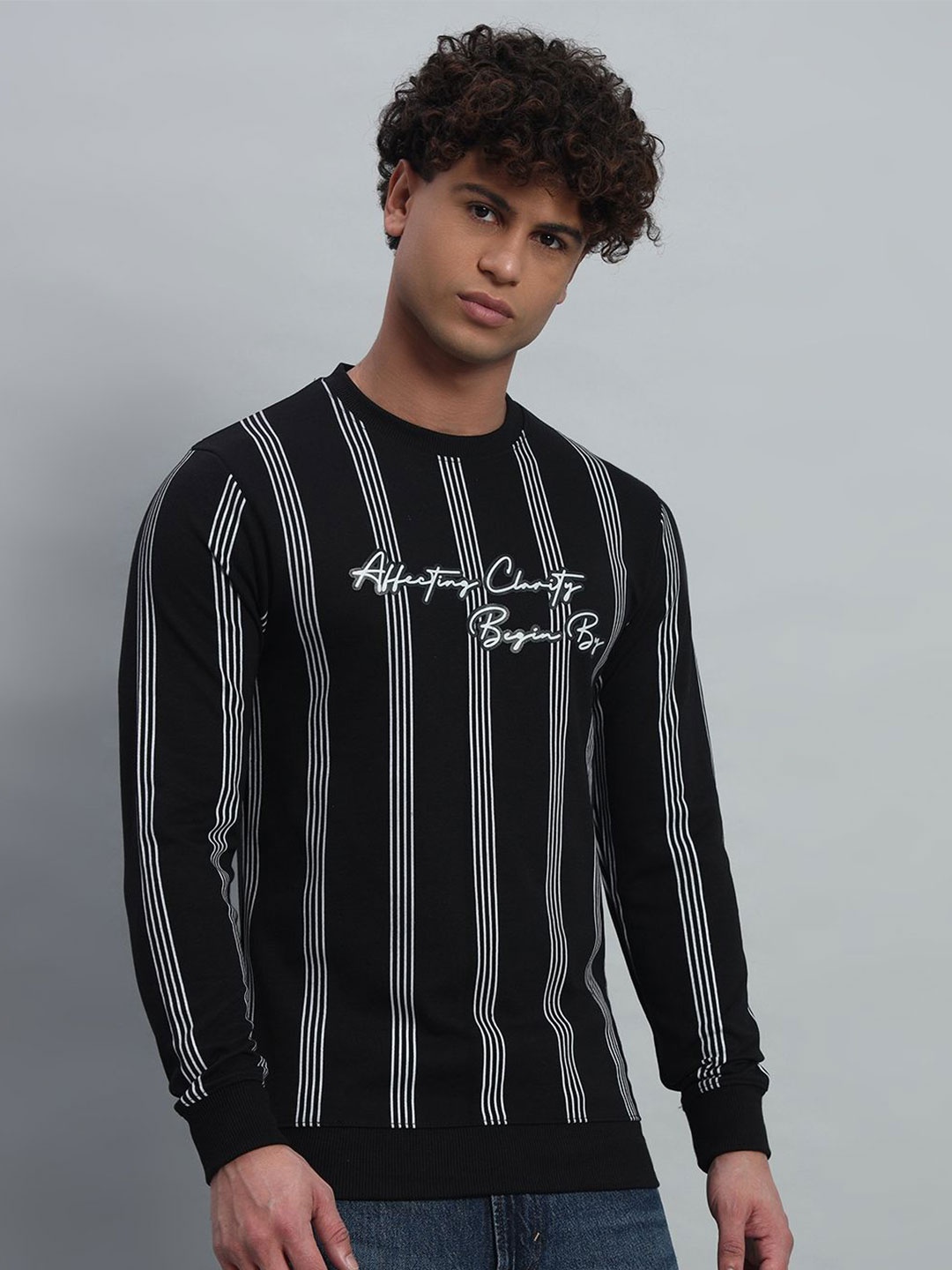 

PROFY Men Striped Sweatshirt, Black