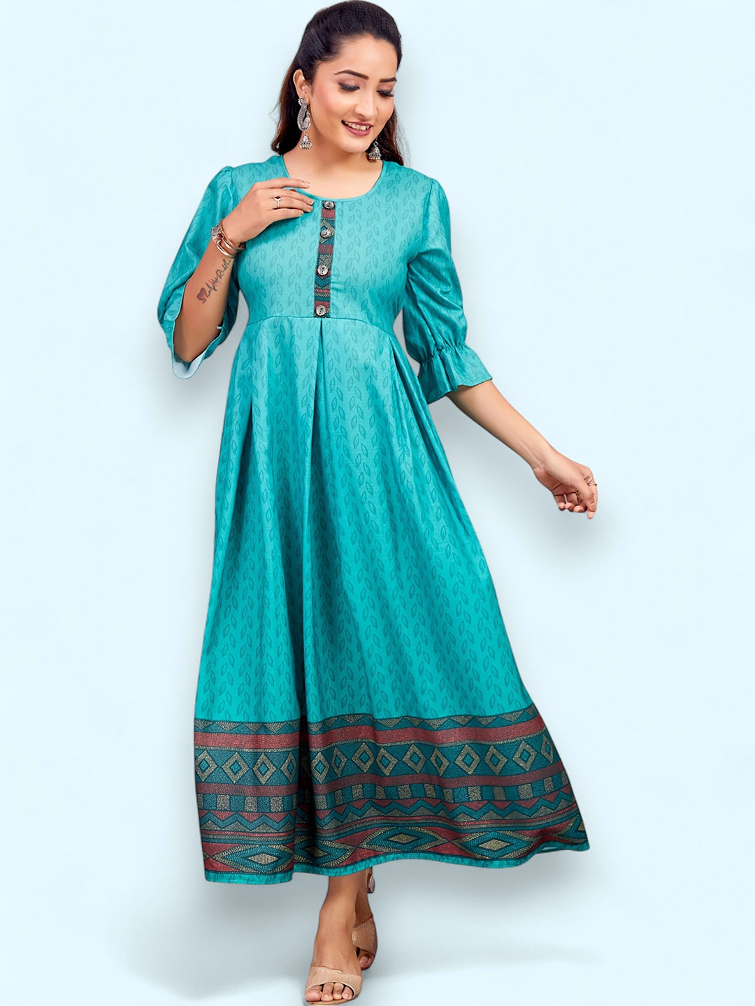 

PAMPER YOURSELF Women Floral Printed Sequinned Floral Anarkali Kurta, Teal