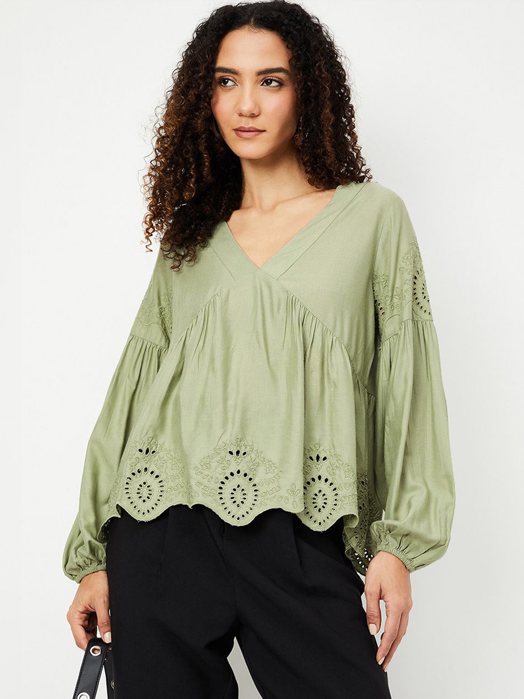 

max Puff Sleeve Cotton Empire Top, Green