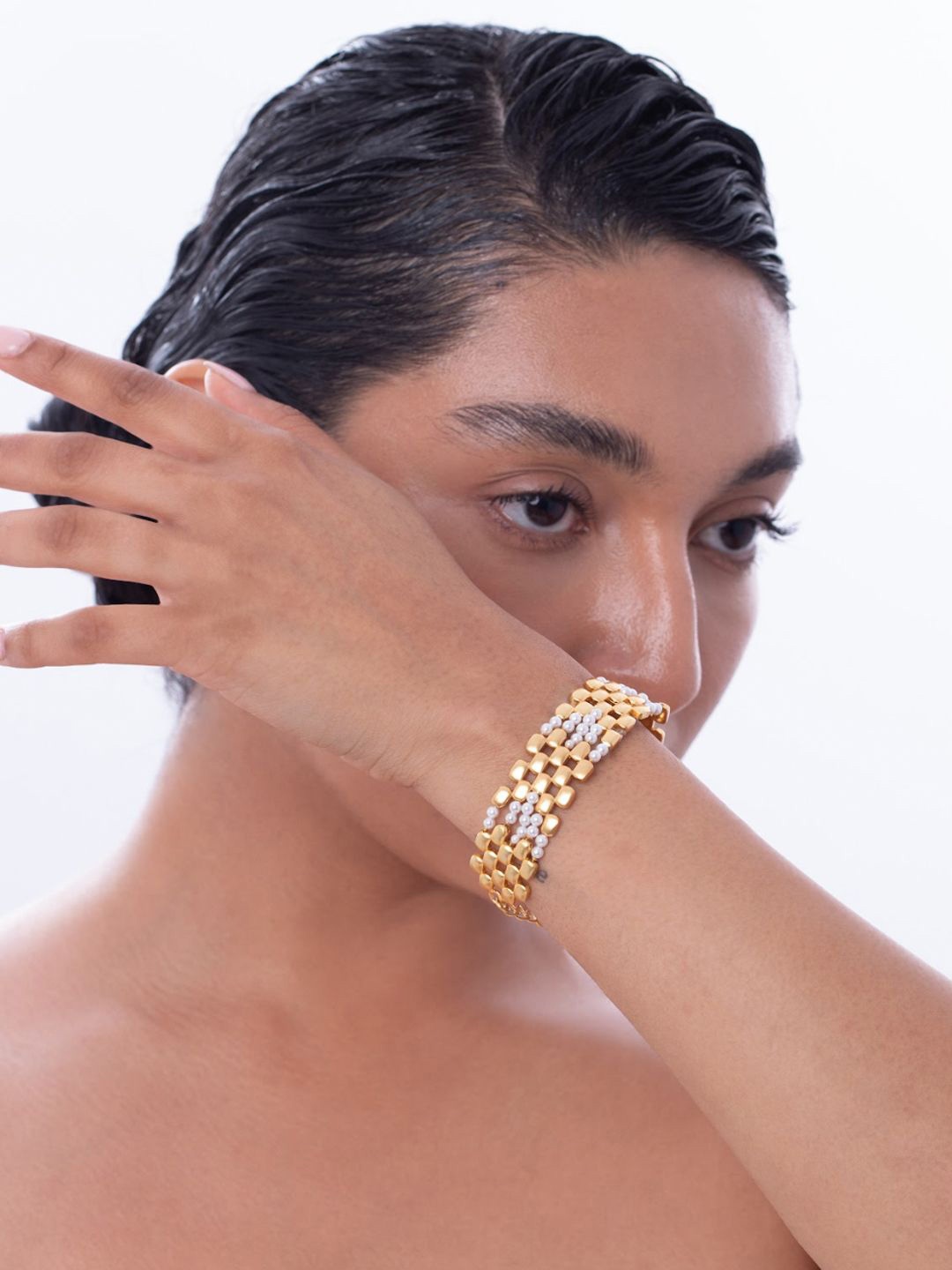 

Ethnic Andaz Women Brass Pearls Handcrafted Gold-Plated Cuff Bracelet