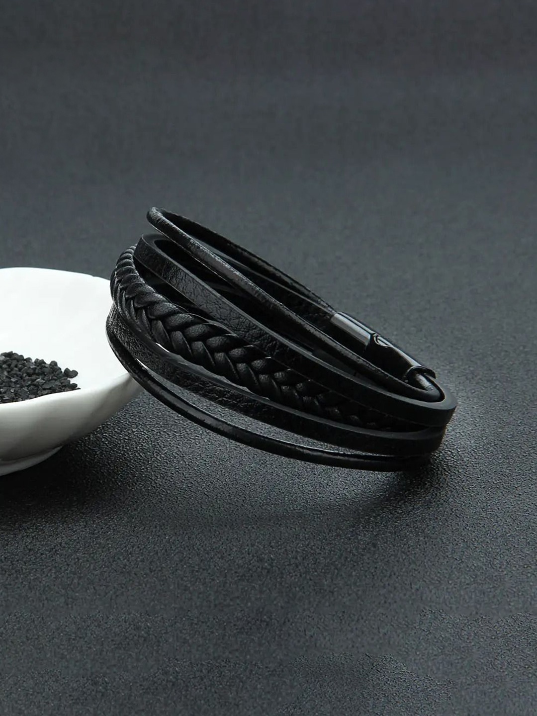 

The Roadster Lifestyle Co Men Silver-Plated Leather Braided Bracelet