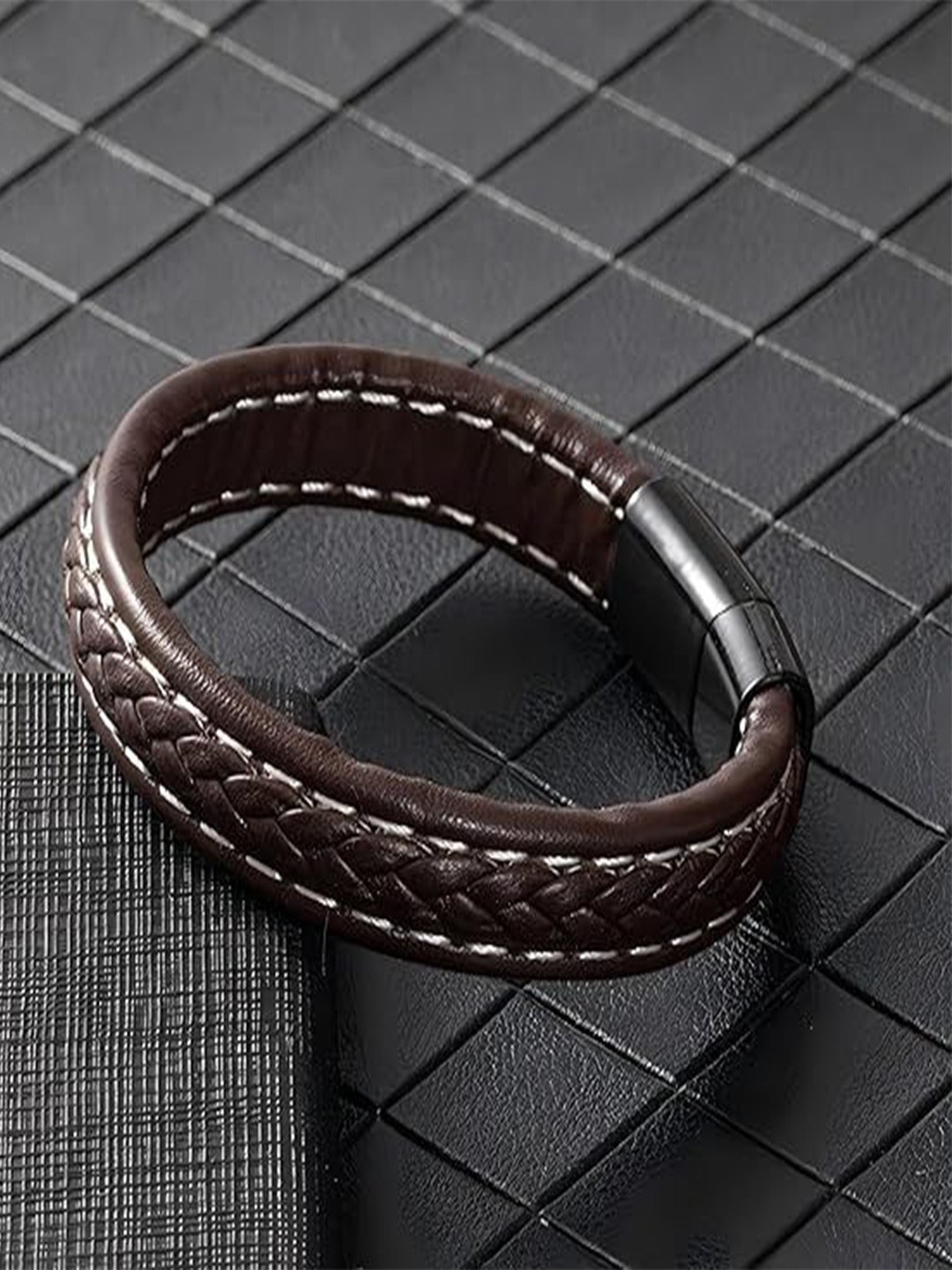 

The Roadster Lifestyle Co Men Silver-Plated Leather Braided Kada Bracelet