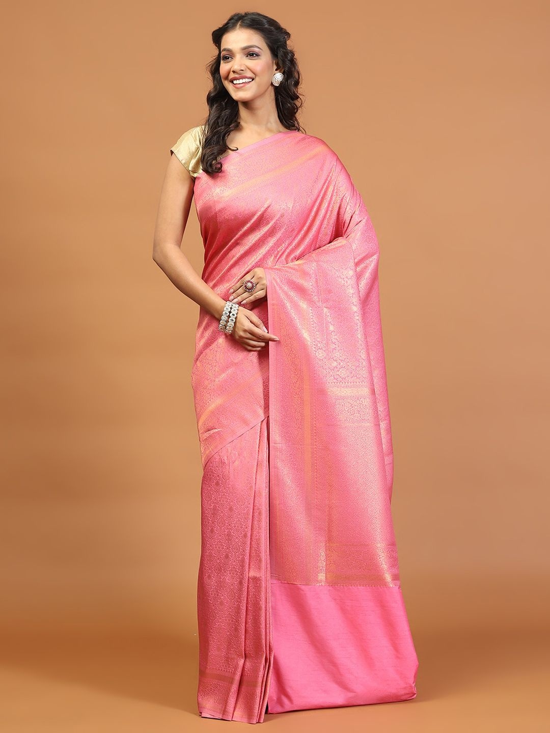 

Meena Bazaar Ethnic Motifs Zari Art Silk Saree, Pink