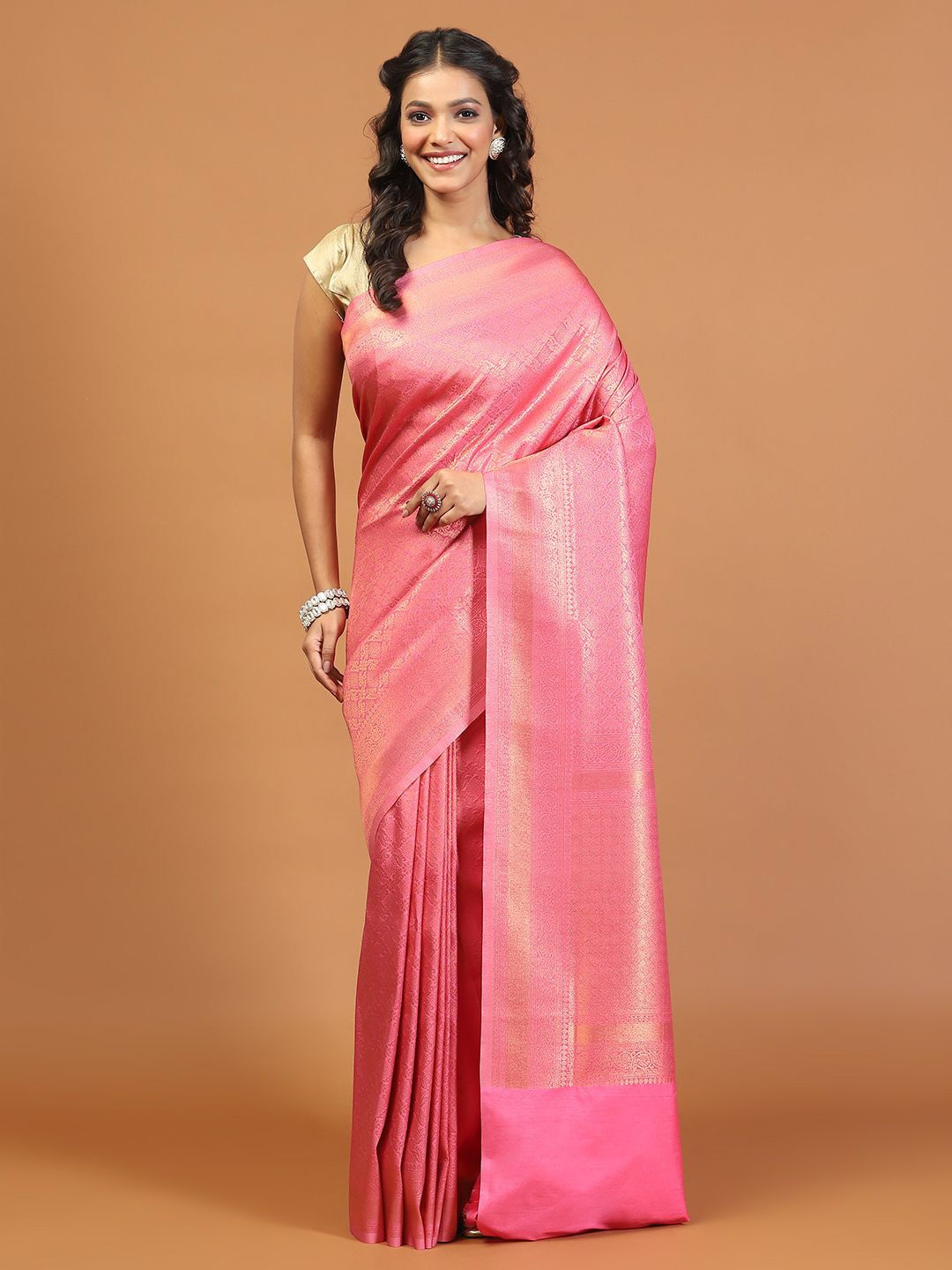 

Meena Bazaar Ethnic Motifs Woven Art Silk Saree, Pink