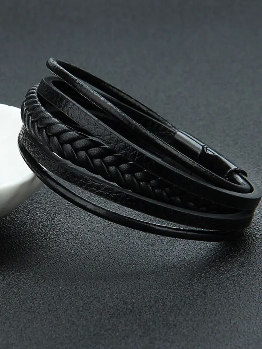 

The Roadster Lifestyle Co Men Silver-Plated Leather Braided Bracelet