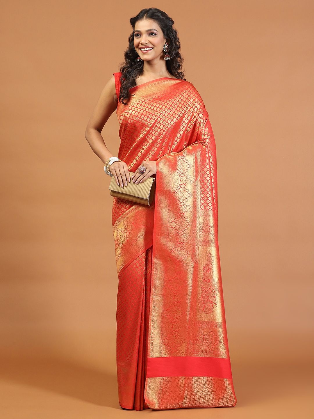 

Meena Bazaar Ethnic Motifs Zari Art Silk Saree, Red