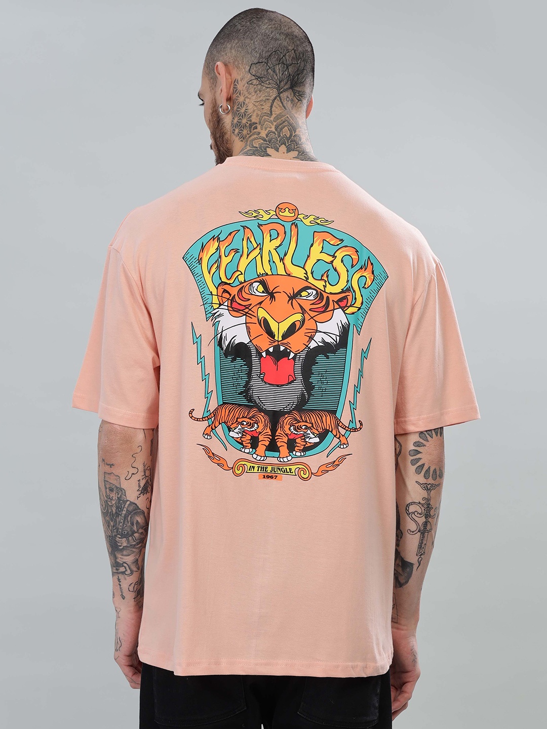 

TOMHIDDLE Men Printed Drop-Shoulder Sleeves Applique T-shirt, Orange