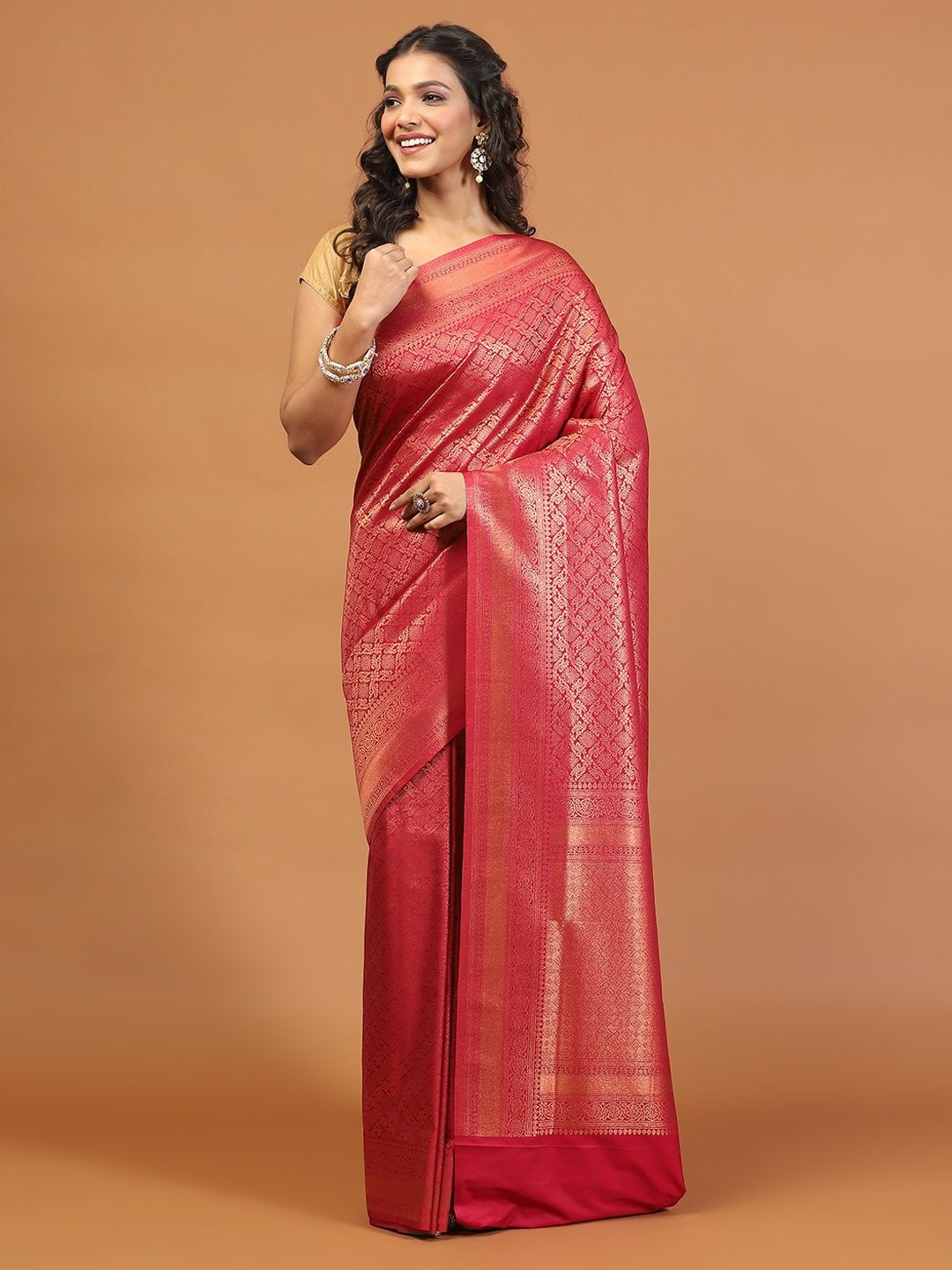 

Meena Bazaar Ethnic Motifs Woven Art Silk Saree, Magenta