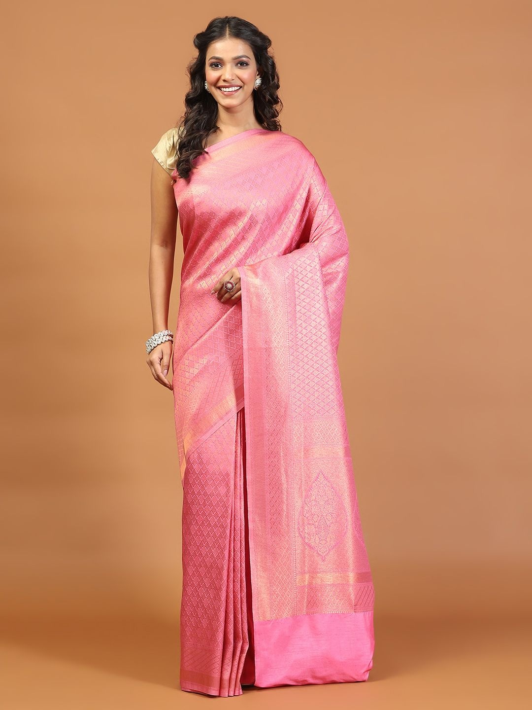 

Meena Bazaar Ethnic Motifs Zari Art Silk Saree, Pink