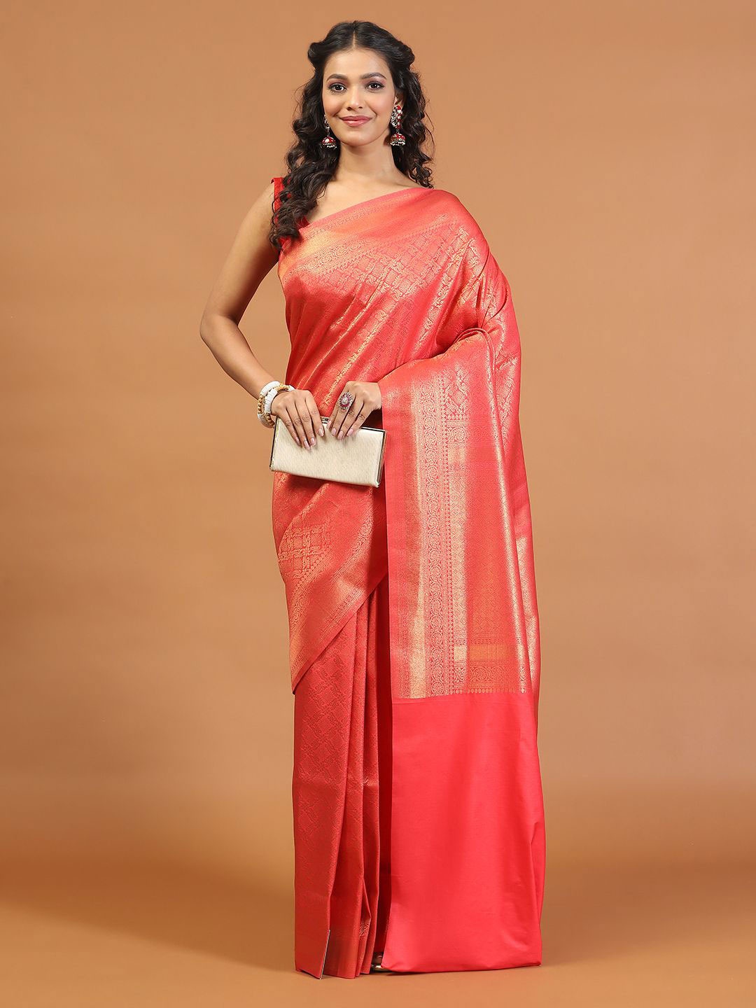 

Meena Bazaar Ethnic Motifs Woven Art Silk Saree, Pink