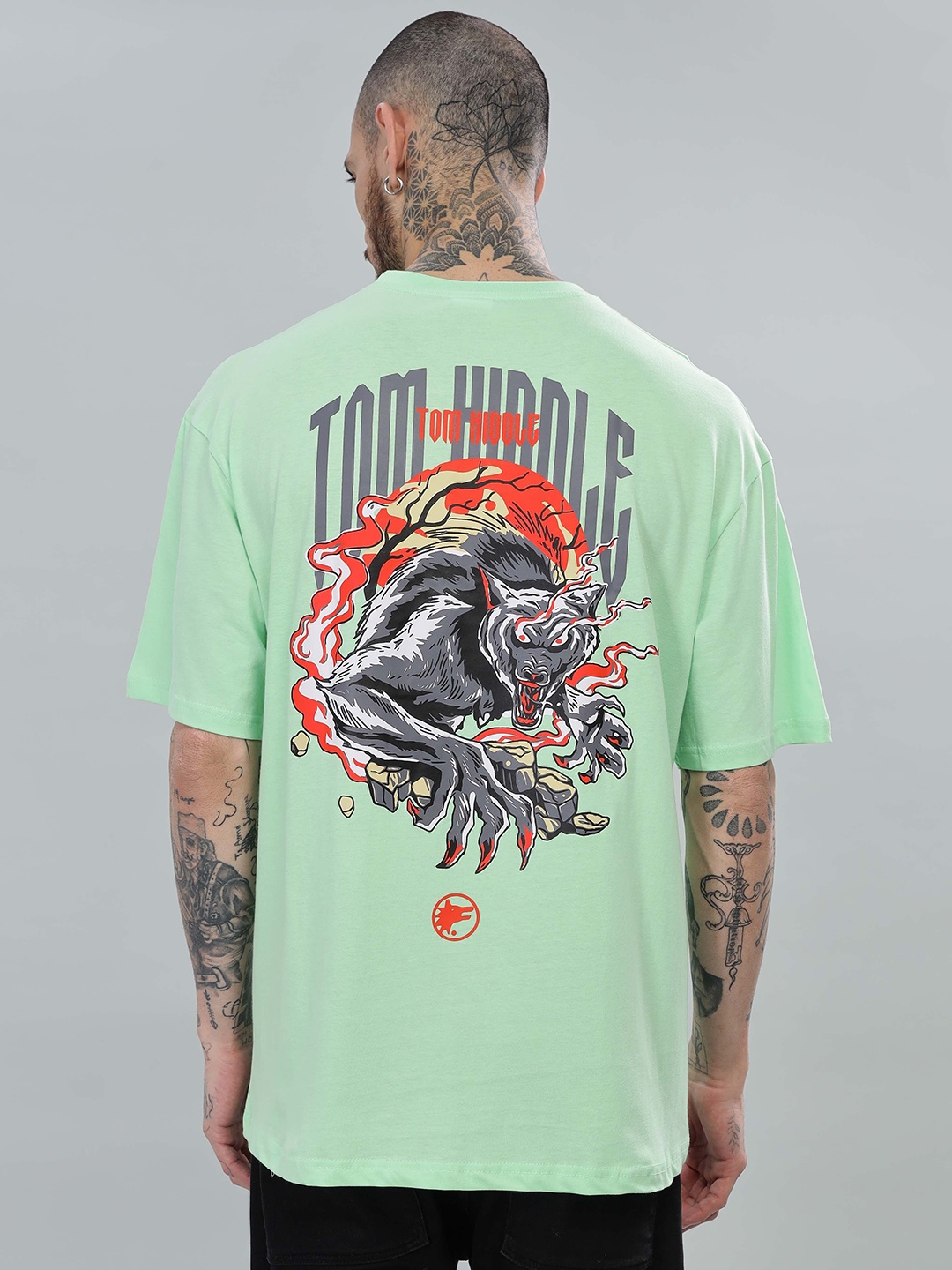 

TOMHIDDLE Men Printed Drop-Shoulder Sleeves Raw Edge T-shirt, Green