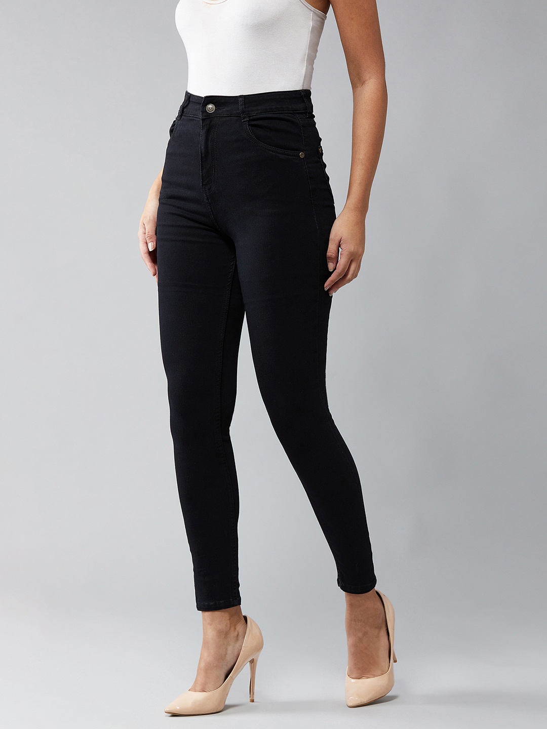 

DOLCE CRUDO Women Skinny Fit High-Rise Heavy Fade Stretchable Jeans, Black