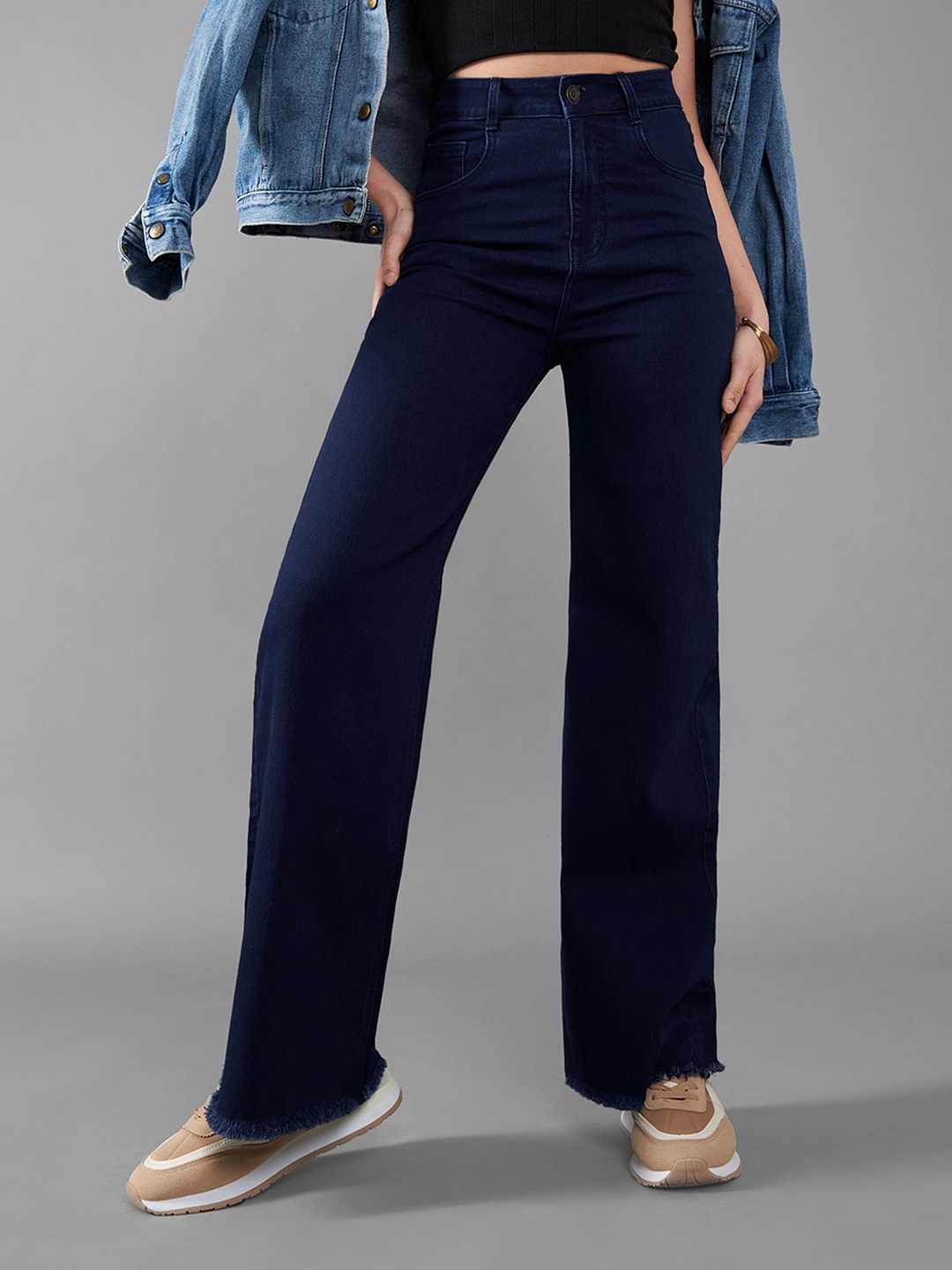

DOLCE CRUDO Women Wide Leg High-Rise Stretchable Jeans, Blue